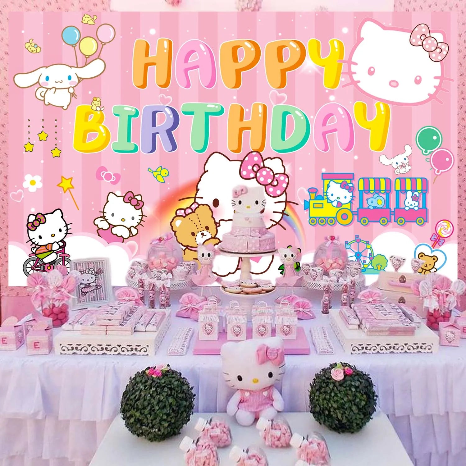 Hello Kitty Party Backdrop, 71x43'' Hello Kitty Birthday Party Background, Happy Birthday Hello Kitty Backdrop & Hello Kitty Birthday Backdrop, for Hello Kitty Party Decorations