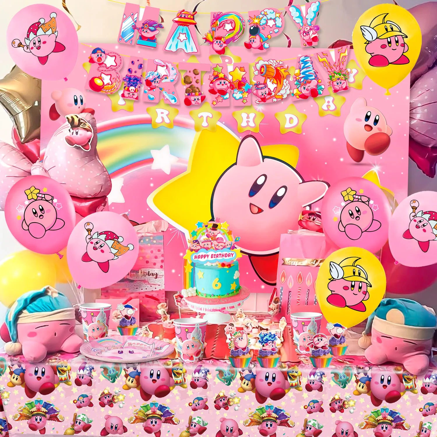 Kirby Party Supplies, 10-Person Kirby Birthday Party Decorations and Kirby Tableware Set - Kirby Plates and Napkins Cups Table Cloth Backdrop Kirby balloons etc Kirby Theme Birthday Supplies