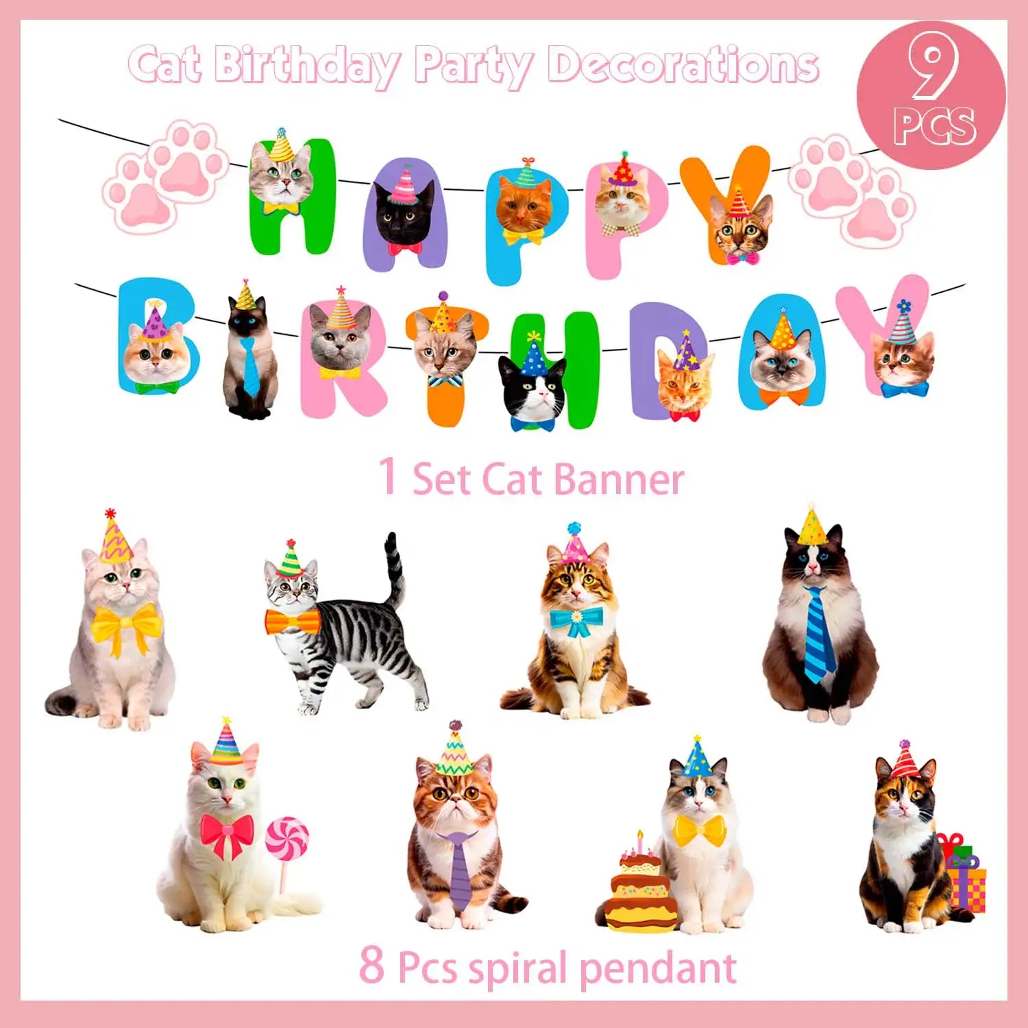 Cat Birthday Party Decorations, 9 Pcs Cat Birthday Decorations - Cat Themed Birthday Banner Balloon & Cat Swirl Decorations for Cat Themed Birthday Party Supplies
