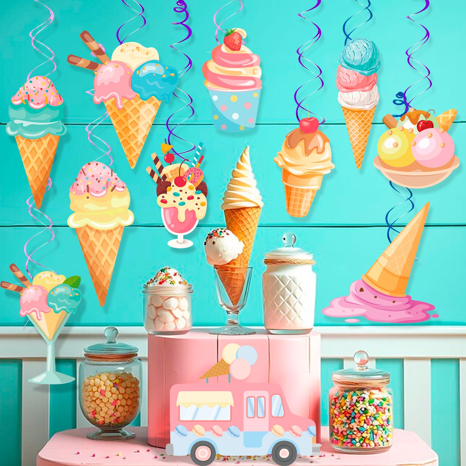 33pcs Ice Cream Party Hanging Swirls, Ice Cream Spiral Decoration Ice Cream Party Hanging Decorations for Ice Cream Birthday Party Decoration Baby Shower