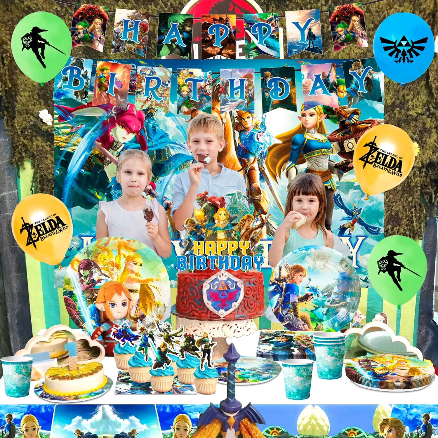 Zelda Birthday Party Supplies,82pcs Zelda Party Decorations & Tableware Set- Zelda Birthday Decorations Balloons Banner Backdrop & Zelda Plates Cups Table Cover etc  Legend Of Zelda Party Supplies