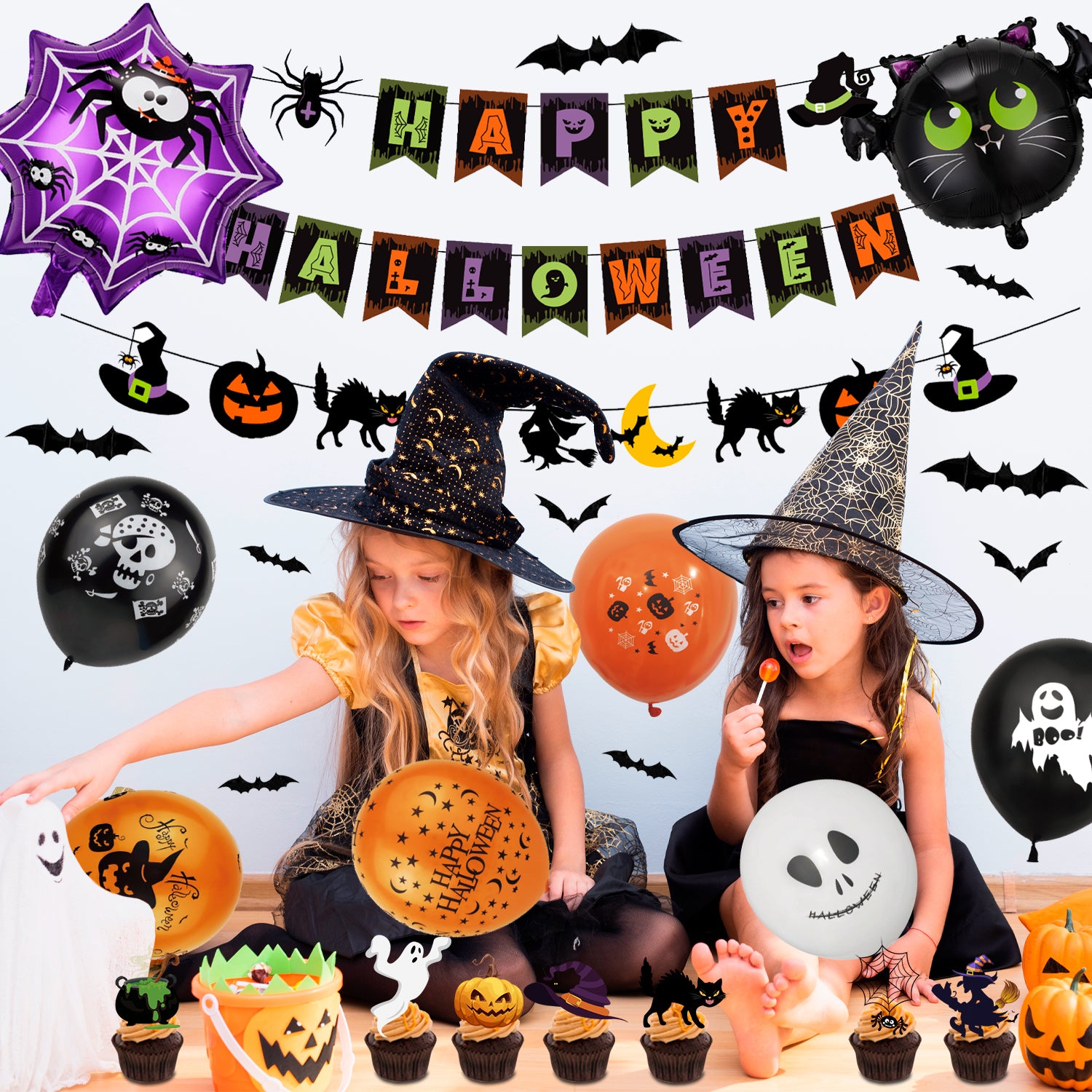 Happy Halloween Decorations,75Pcs Halloween Party Kit - Happy Halloween Banner,Halloween Balloons & Halloween Deocration Foil Balloons & Halloween Cake Topper etc Halloween Party Decorations Supplies