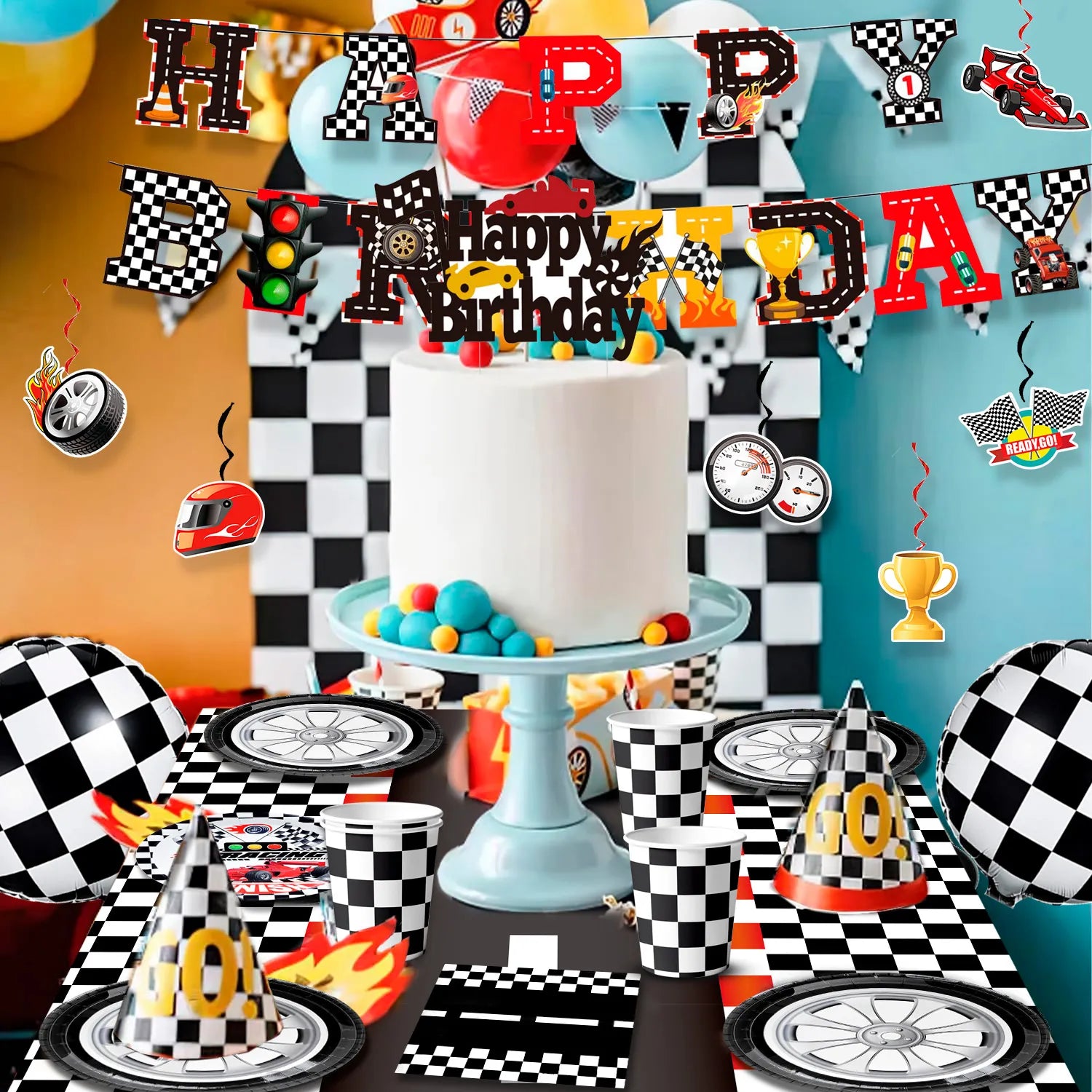 Race Car Birthday Decorations, 87 Pcs Race Car Birthday Party Decorations&Race Car Birthday Party Tableware Set - Race Car Birthday Plates Napkins Balloons Hanging Swirl etc Racing Car Party Supplies