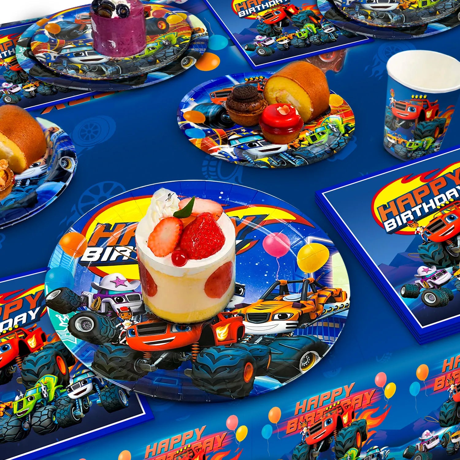 Monster Truck Birthday Party Supplies,65pcs Monster Truck Tableware Set - Monster Trucks Birthday Plates Napkins Paper Cups & Monster Truck Tablecloth etc Monster Truck Party Supplies for Boys Kids