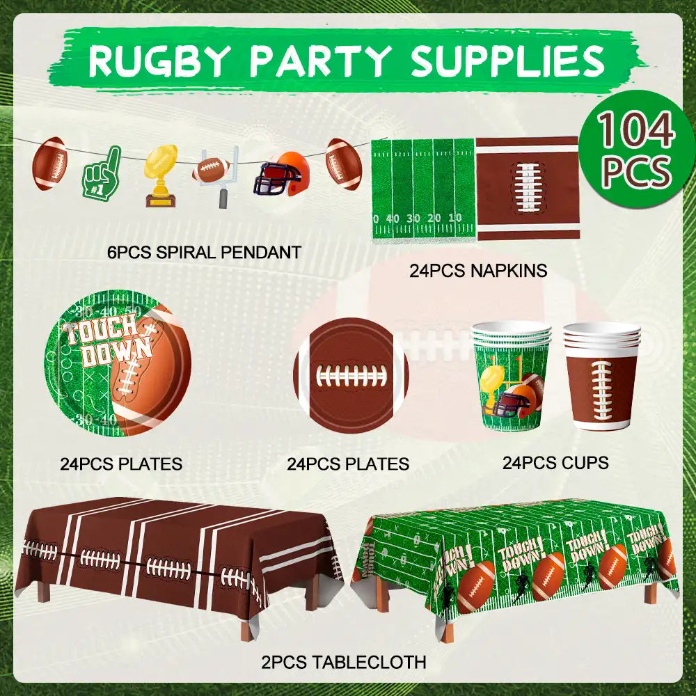 Football Party Supplies Tableware, 24Guests Football Party Tableware Set - Football Plates and Napkins Cup Tablecloth & Swirls etc Football Party Decorations for Football Birthday Party,Tailgate Party