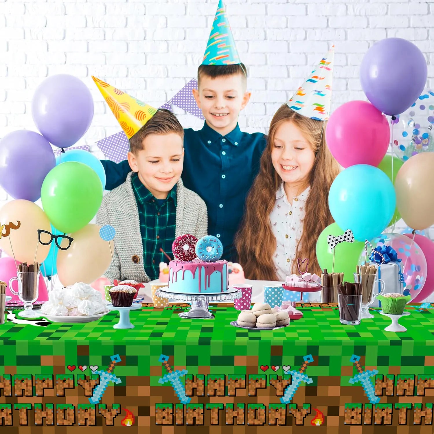 Minecraft Game Party Table cover, 3pcs Pixel Gaming Theme Party Tablec ...