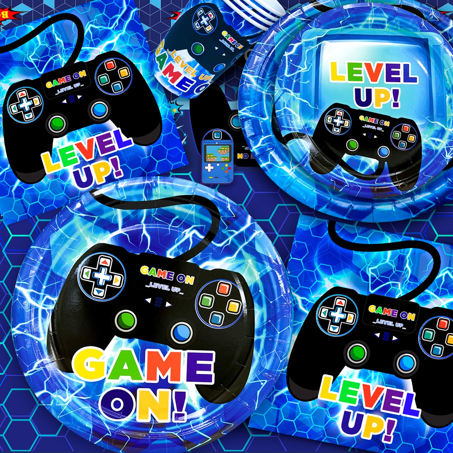 Video Game Birthday Decorations for 16 Guests, Video Game Party Decorations Tableware Set, Video Gaming Party Plates Cups Napkins Tablecloth Balloons Banner Hanging Swirls etc Video Gamer Party Supplies (Blue)