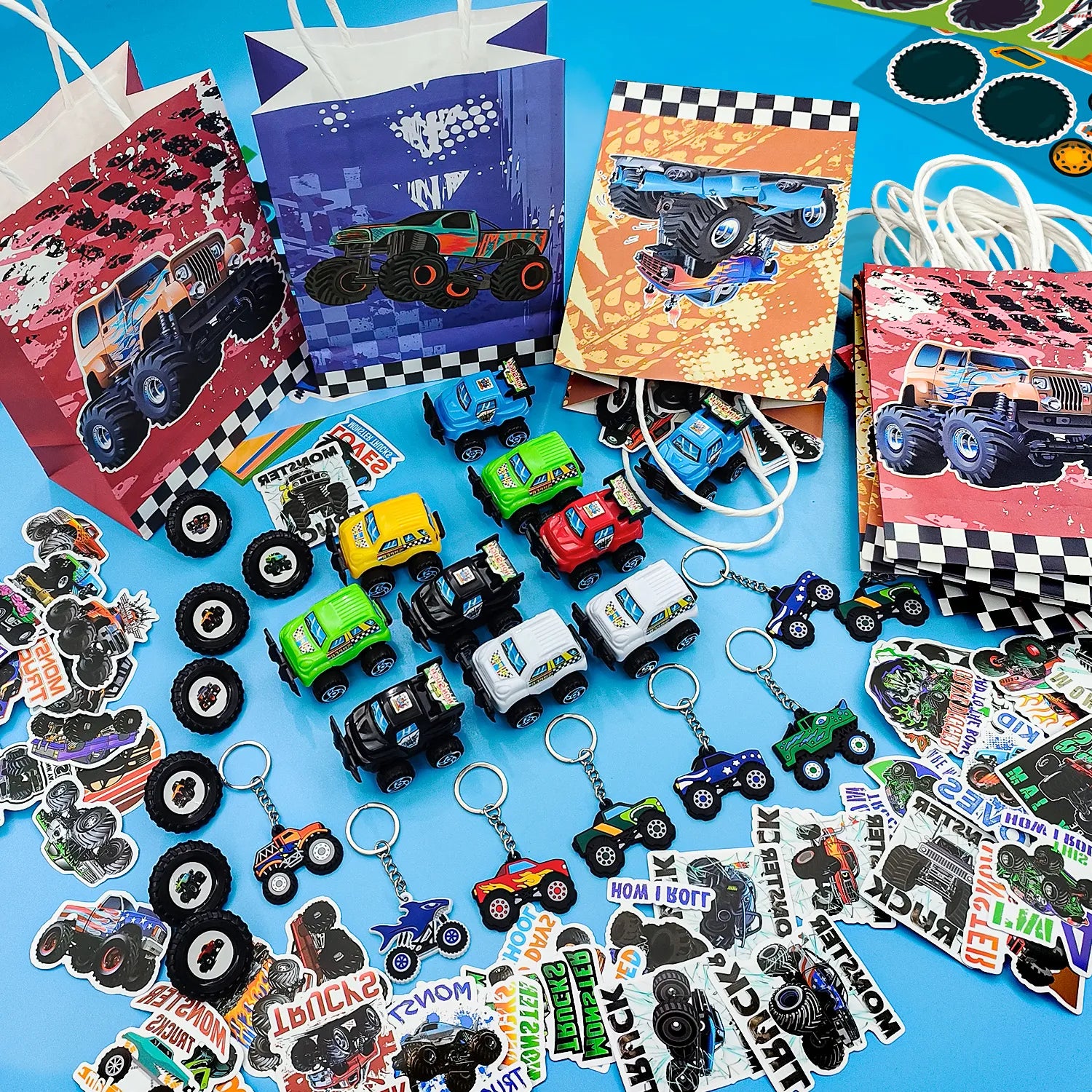 Monster Truck Favors, 110pcs All-In-One Mini Monster Trucks Party Favors Pack Including Monster Truck Theme Keychain Bags Stickers Toys Ring etc Monster Truck Birthday Party Favors for Boys Kids