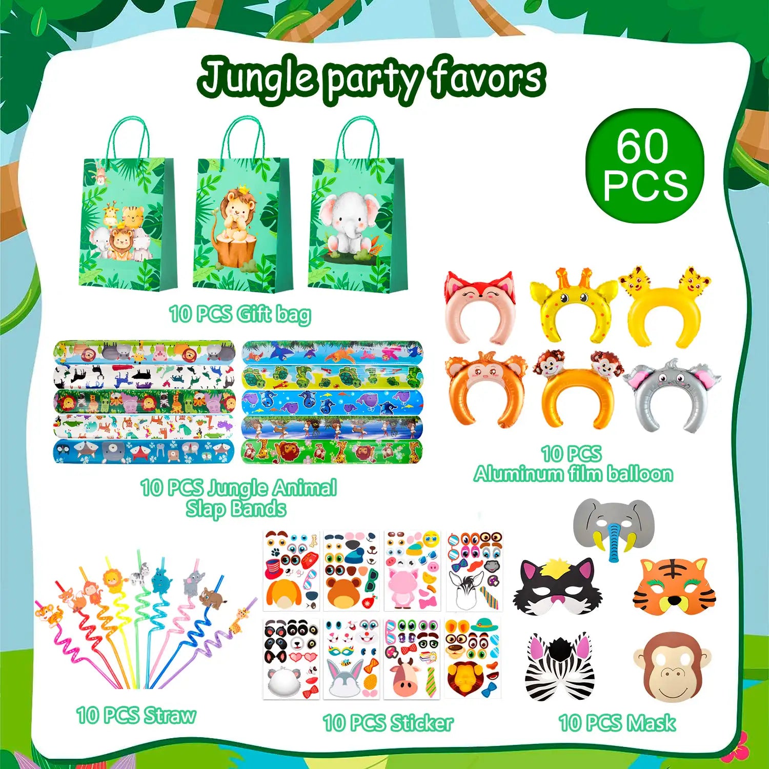 Jungle Safari Party Favors, 72pcs Jungle Safari Birthday Party Favors Set Includes Safari Party Slap Bracelets Stickers Straws Balloon, Animal Mask, Safari Goodie Bags etc Jungle Party Favors for Kids