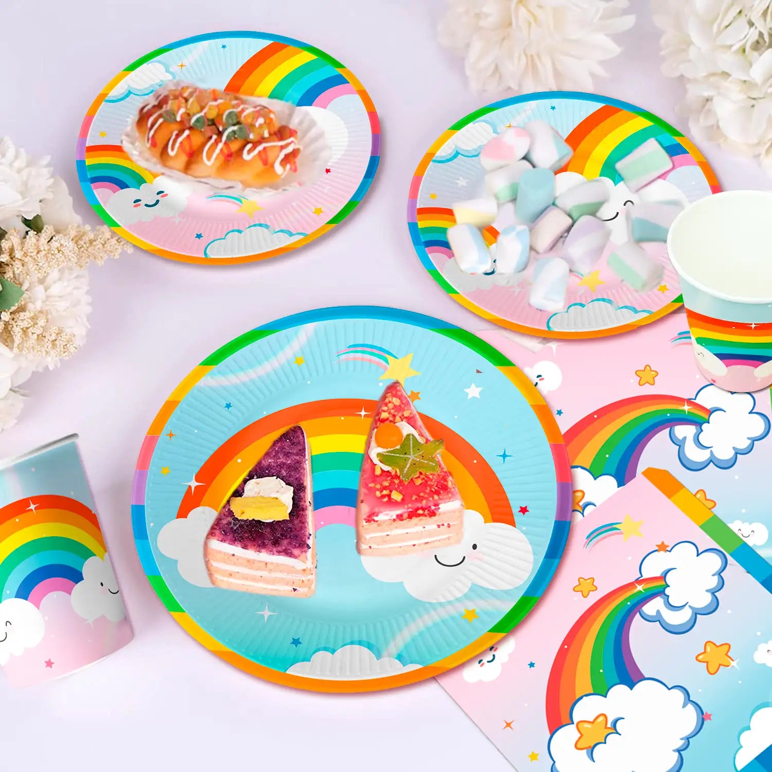 Rainbow Party Supplies, 20 Guests Rainbow Plates and Napkins Party Supplies Includ Rainbow Party Plates and Cups and Napkins Sets With Rainbow Tablecloth etc Rainbow Party Decorations for Girls Kids