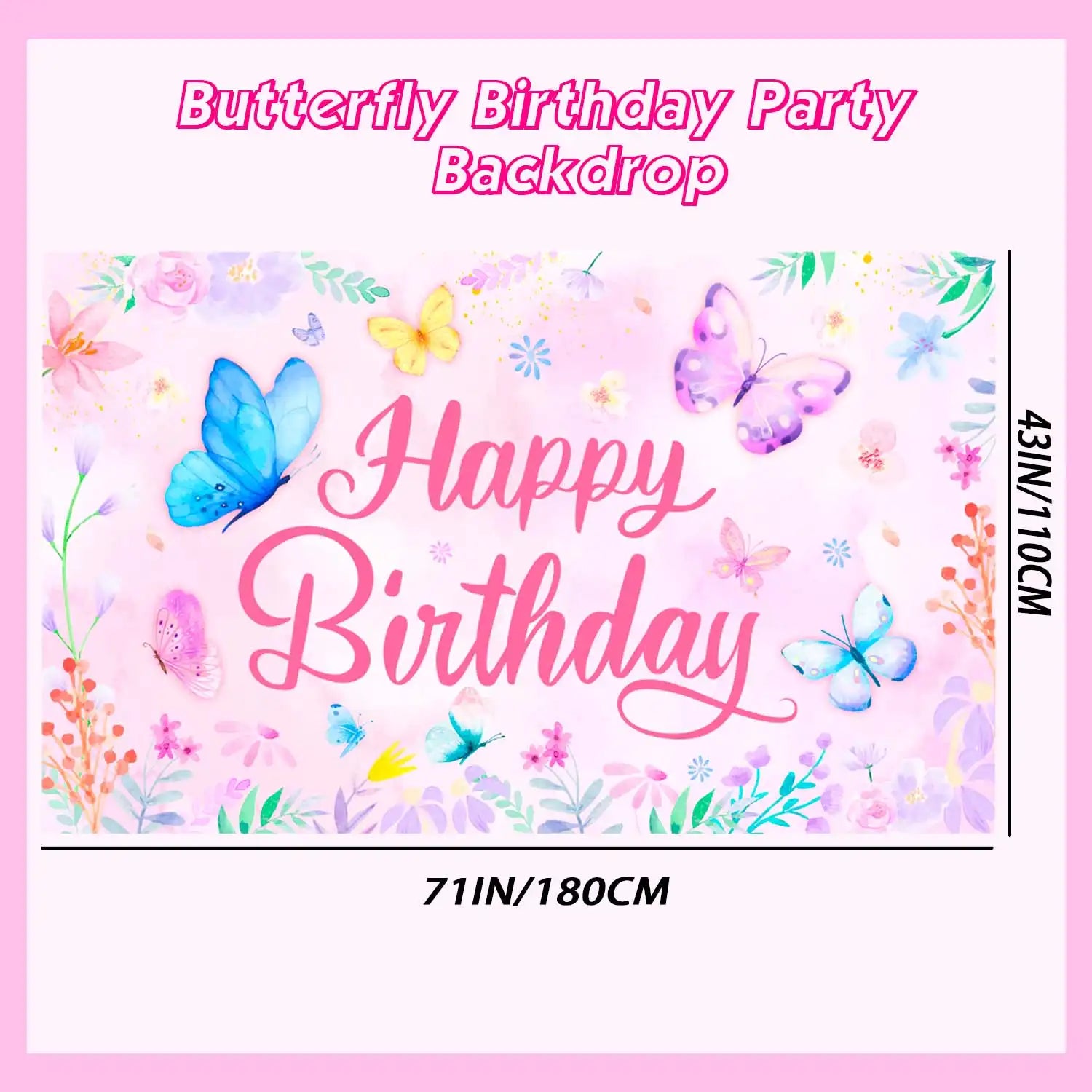 43'' x 71'' Butterfly Birthday Backdrop for Butterfly Birthday Party Decorations Supplies, Butterfly Birthday Party Banner Background Butterfly Background for Spring Butterflies Birthday Decorations
