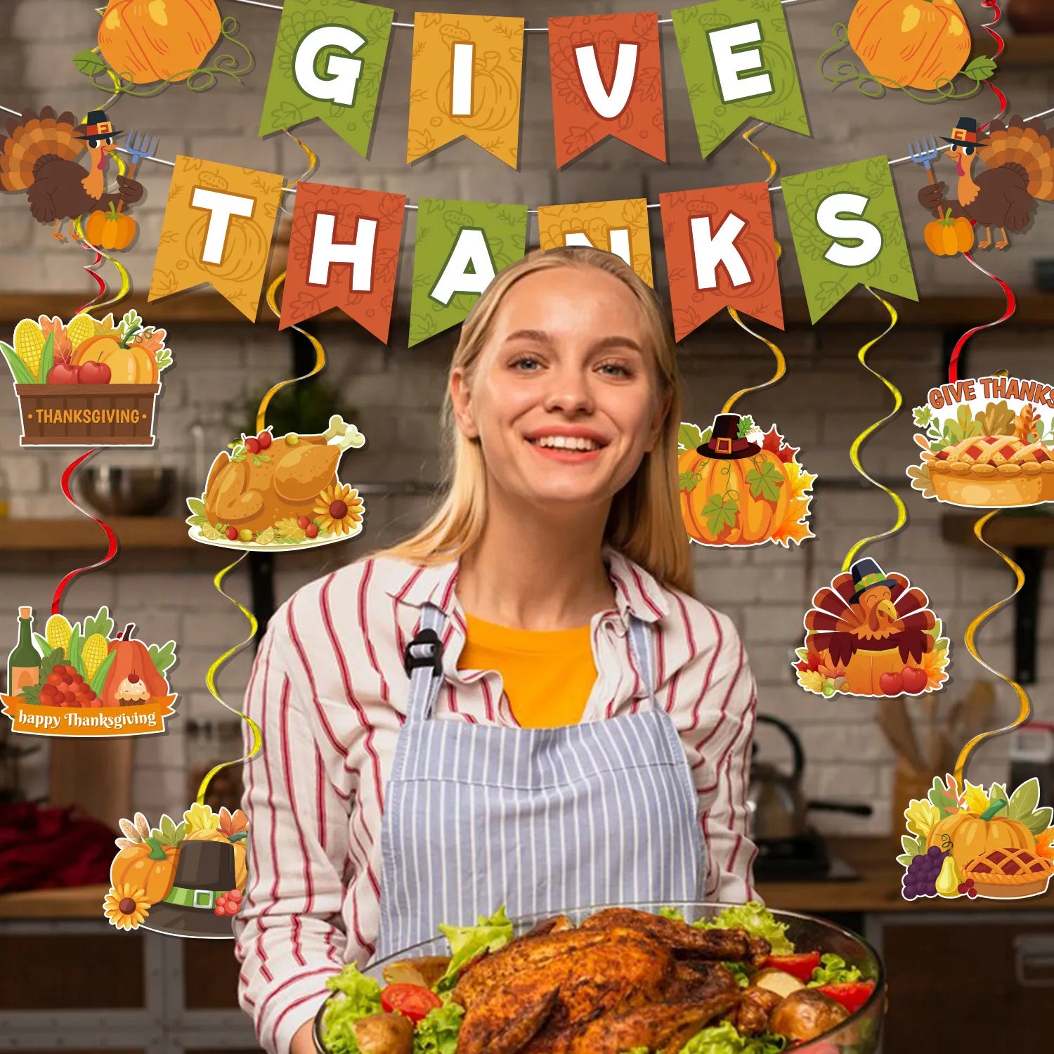 Thanksgiving Banner Hanging Swirls,17pcs Give Thanks Hanging Swirls&Banner Set-Happy Thanksgiving Hanging Swirls,Happy Thanksgiving Banner&Thanksgiving Foil Streamer,for Thanksgiving Party Decorations
