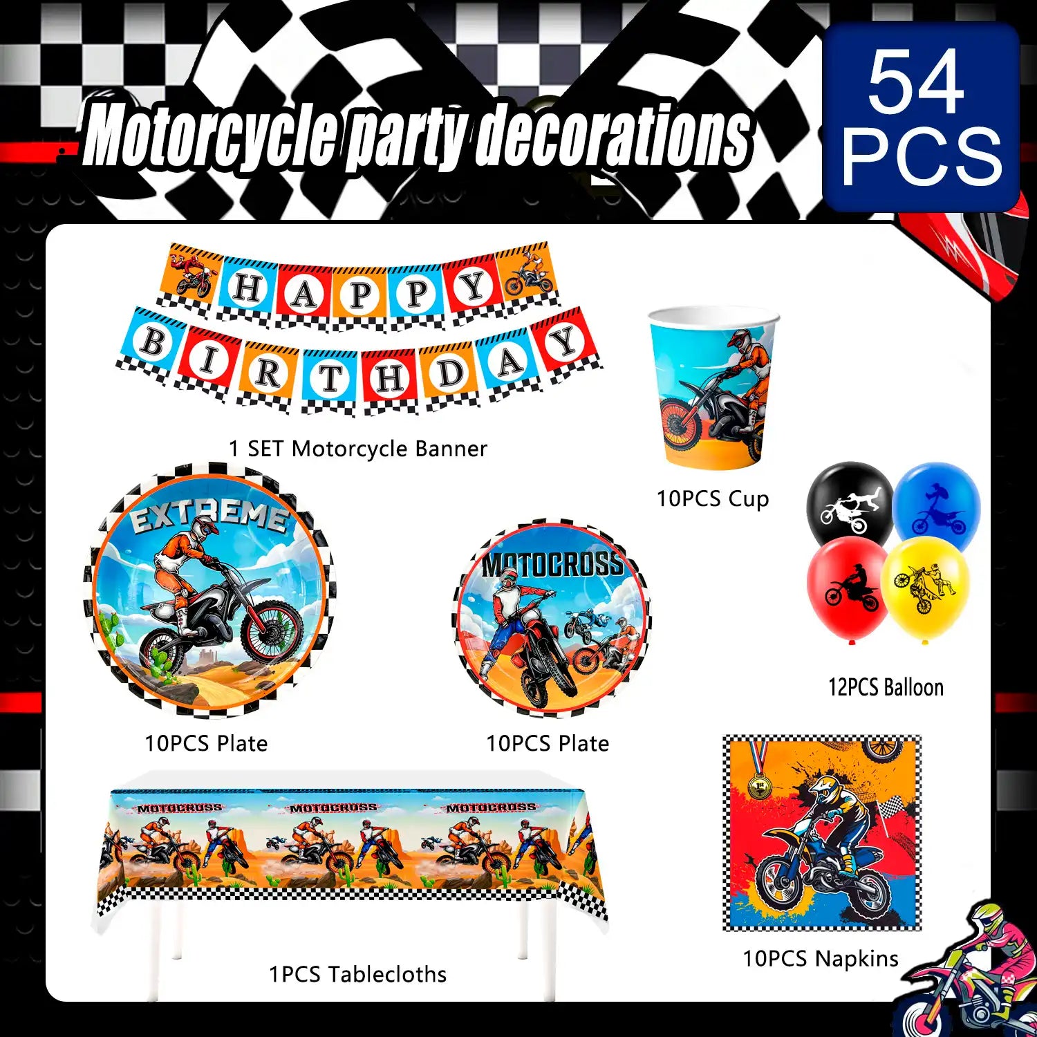 Motorcycle Birthday Supplies, 54pcs Motorcycle Birthday Decorations&Motorcycle Theme Party Tableware Set- Dirt Bike Party Plates and Napkins Cups & Banner Balloon etc Motocross Party Supplies for Boys