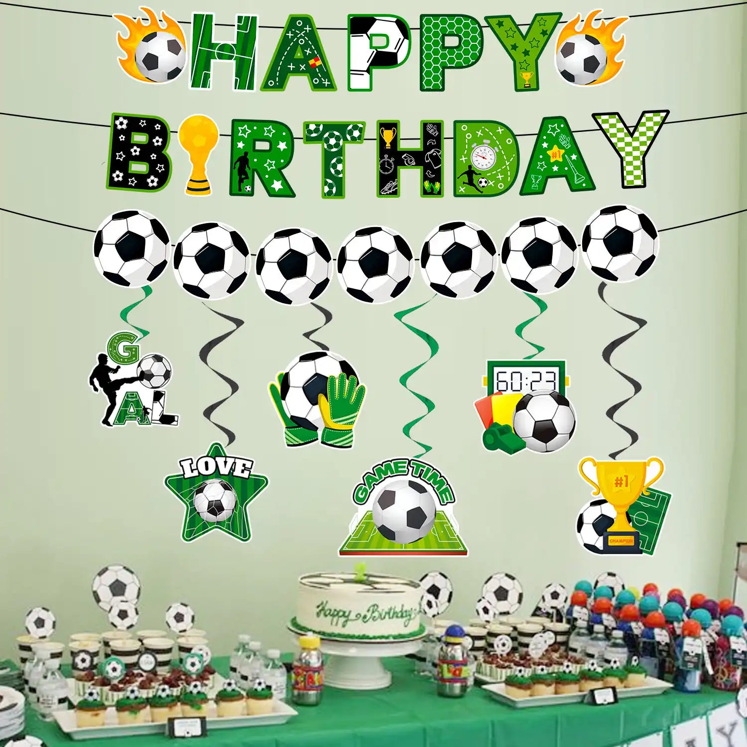 Soccer Hanging Swirl, 8 Pcs Soccer Birthday Party Decorations Set - Happy Birthday Soccer Banner, Soccer Themed Hanging Foil Swirls & Soccer Garland for Soccer Birthday Party Supplies