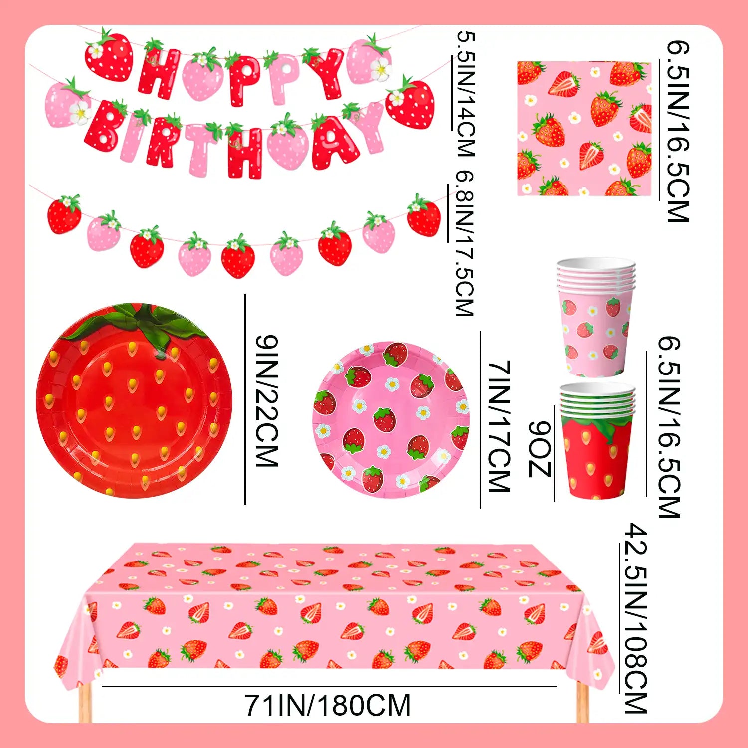 Strawberry Birthday Tableware, 91pcs Strawberry Party Tableware Set - Strawberry Birthday Party Plates Napkins Cups Tablecloth etc Strawberry Baby Shower Tableware for Strawberry Birthday Decorations