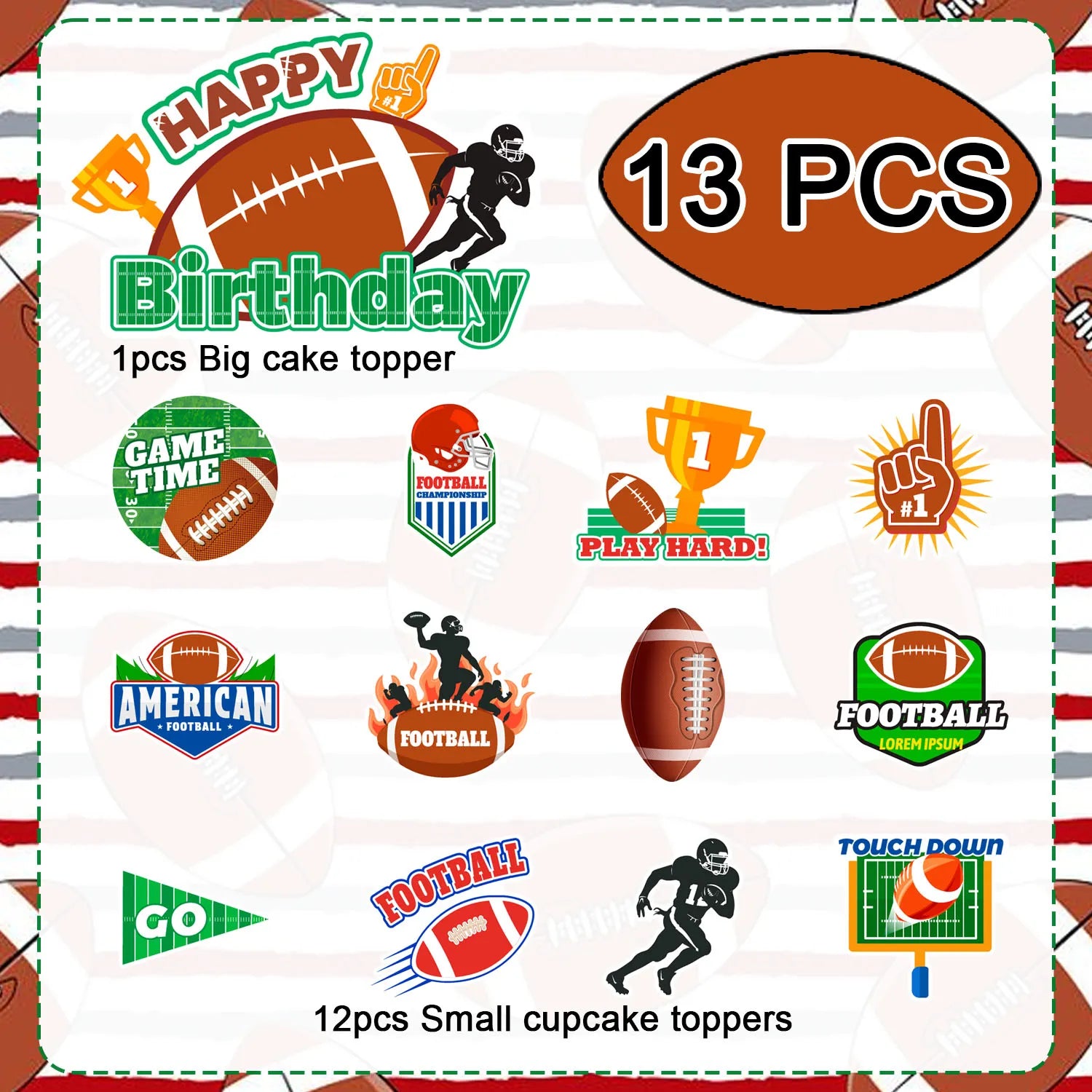 Super Bowl Cake Toppers, 12 Pcs Football Cupcake Toppers Rugby Ball Cupcake Decoration & 1 Pcs Football Birthday Cake Topper/Football Cake Decorations for Football Birthday Party Decorations
