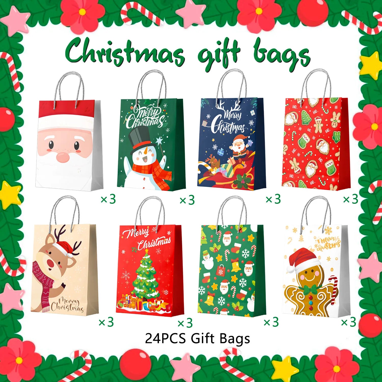 Christmas Bags Bulk, 24 Pcs Xmas Bags for Gifts Set - Christmas Wrapping Bags, Christmas Party Gift Bags & Christmas Paper Bags with Handles, for Kids/Men/Women Christmas Party Decorations Presents