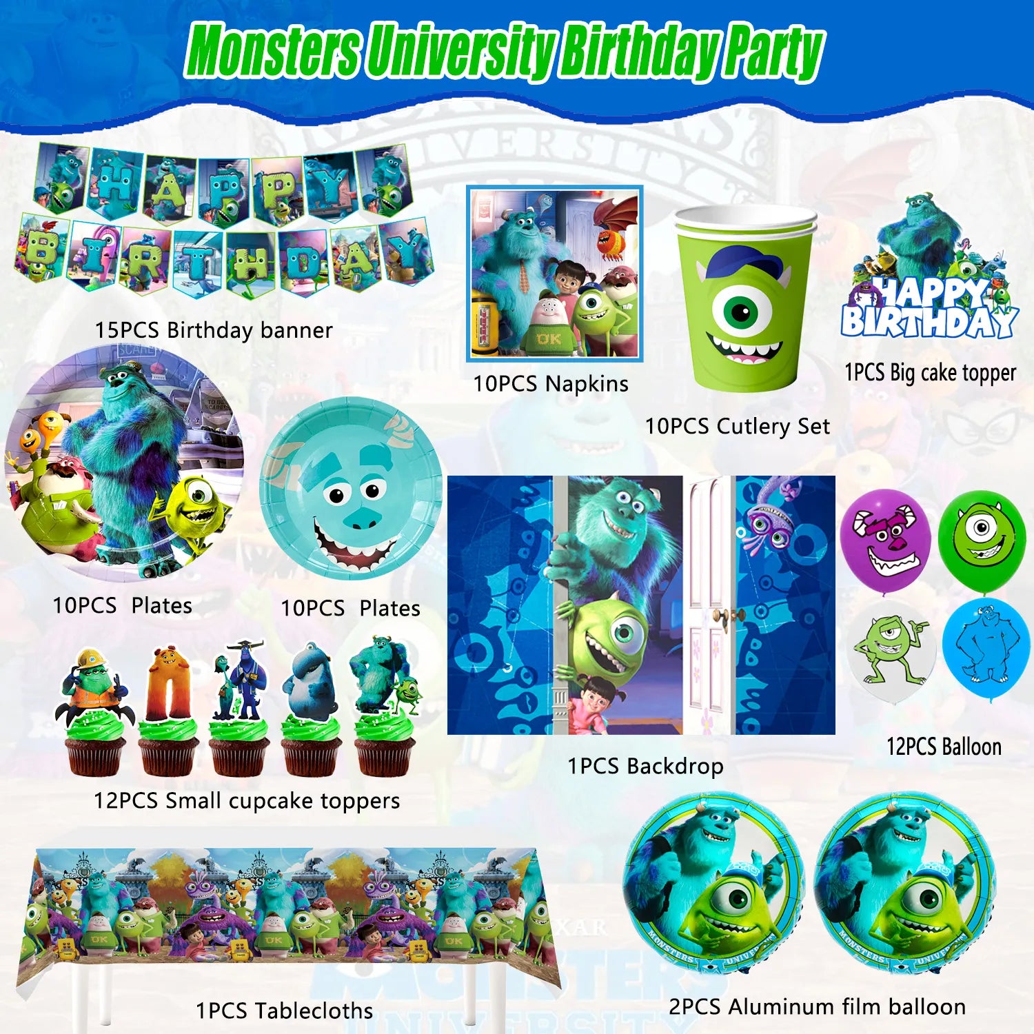 Monsters Inc Birthday Decorations, 10-Person Monster Inc Party Decorations & Tableware Set- Monsters Inc Party Supplies Plates,Monster Inc Balloons Banner Backdrop etc Monster Inc Birthday Party Supplies