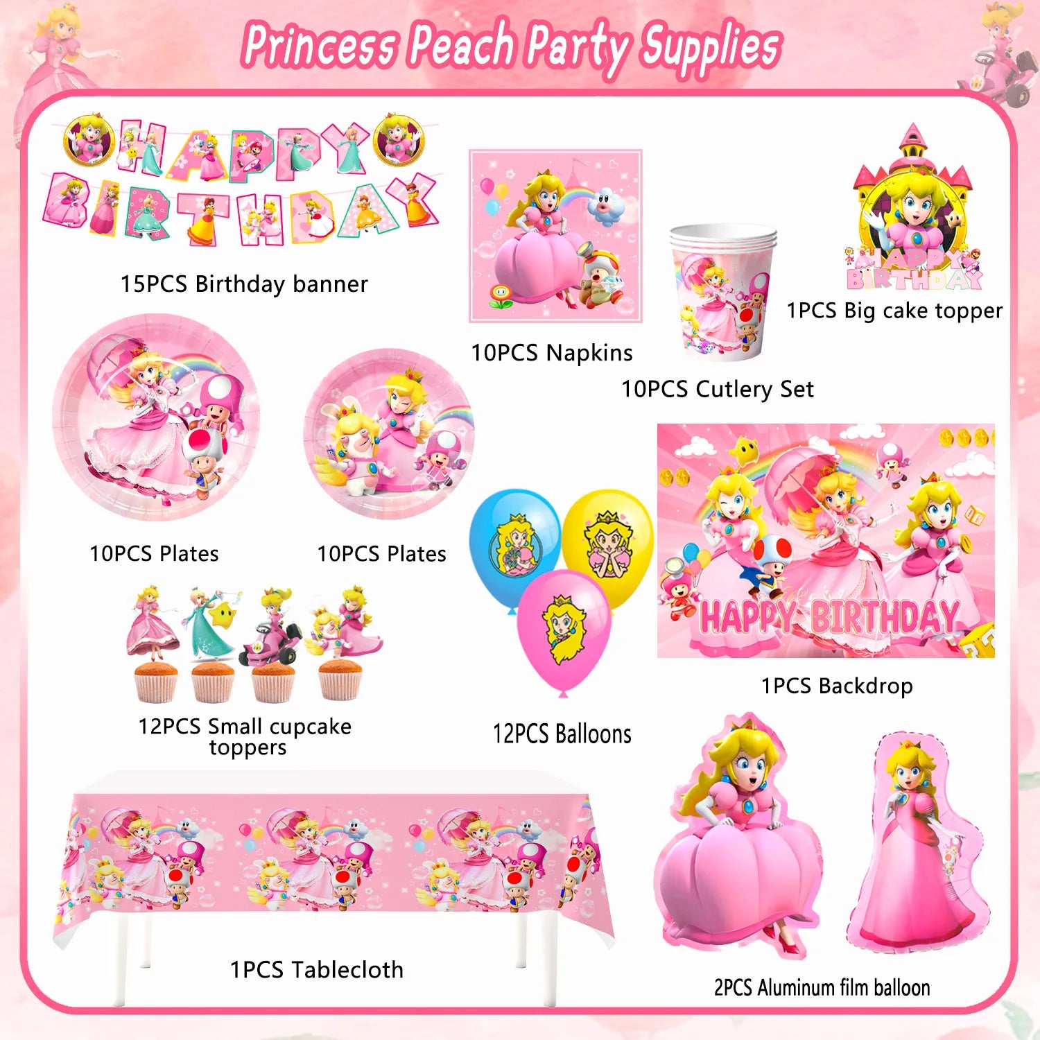 Princess Peach Birthday Party Supplies, 10-Person Princess Peach Party Decorations & Tableware Set - Princess Peach Party Plates and Napkins Cups Balloon Cake Topper etc Princess Peach Themed Supplies
