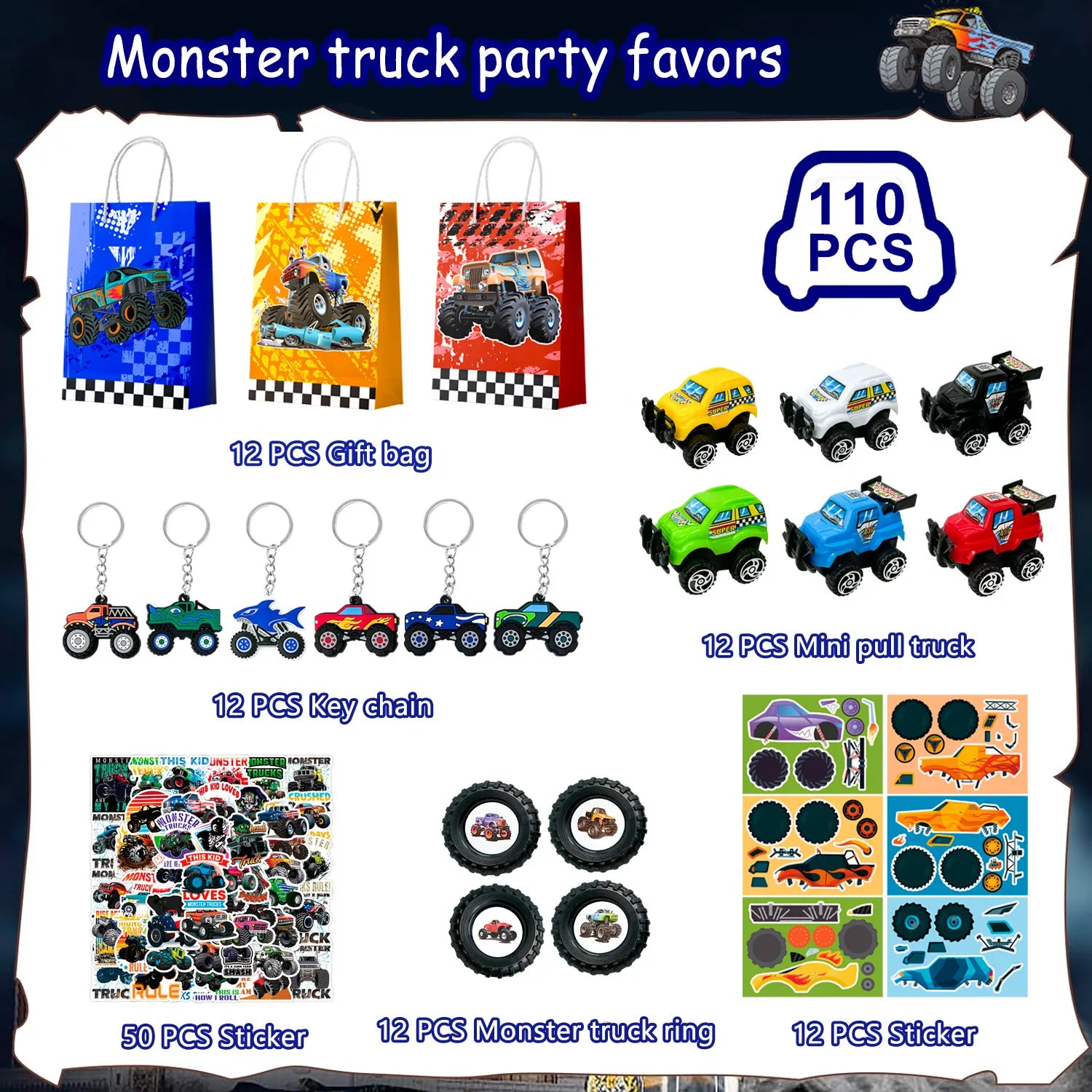 Monster Truck Favors, 110pcs All-In-One Mini Monster Trucks Party Favors Pack Including Monster Truck Theme Keychain Bags Stickers Toys Ring etc Monster Truck Birthday Party Favors for Boys Kids