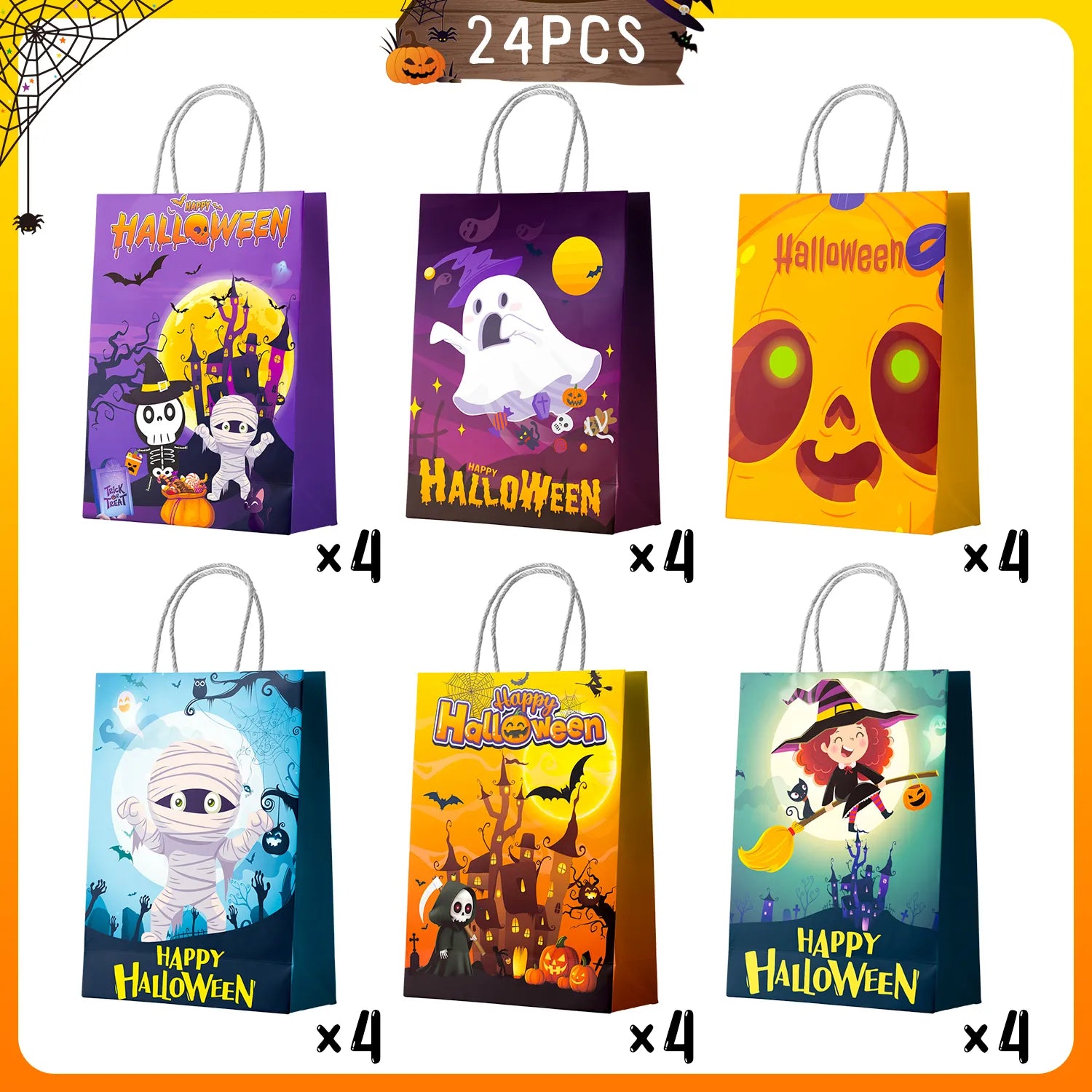 24 Halloween Handle Gift Bags, Halloween Party Bags, Candy Bags, and Gift Bags for Party Favors, Halloween Tricks, Children's Birthday Parties, and Party Decorations (6 Styles)