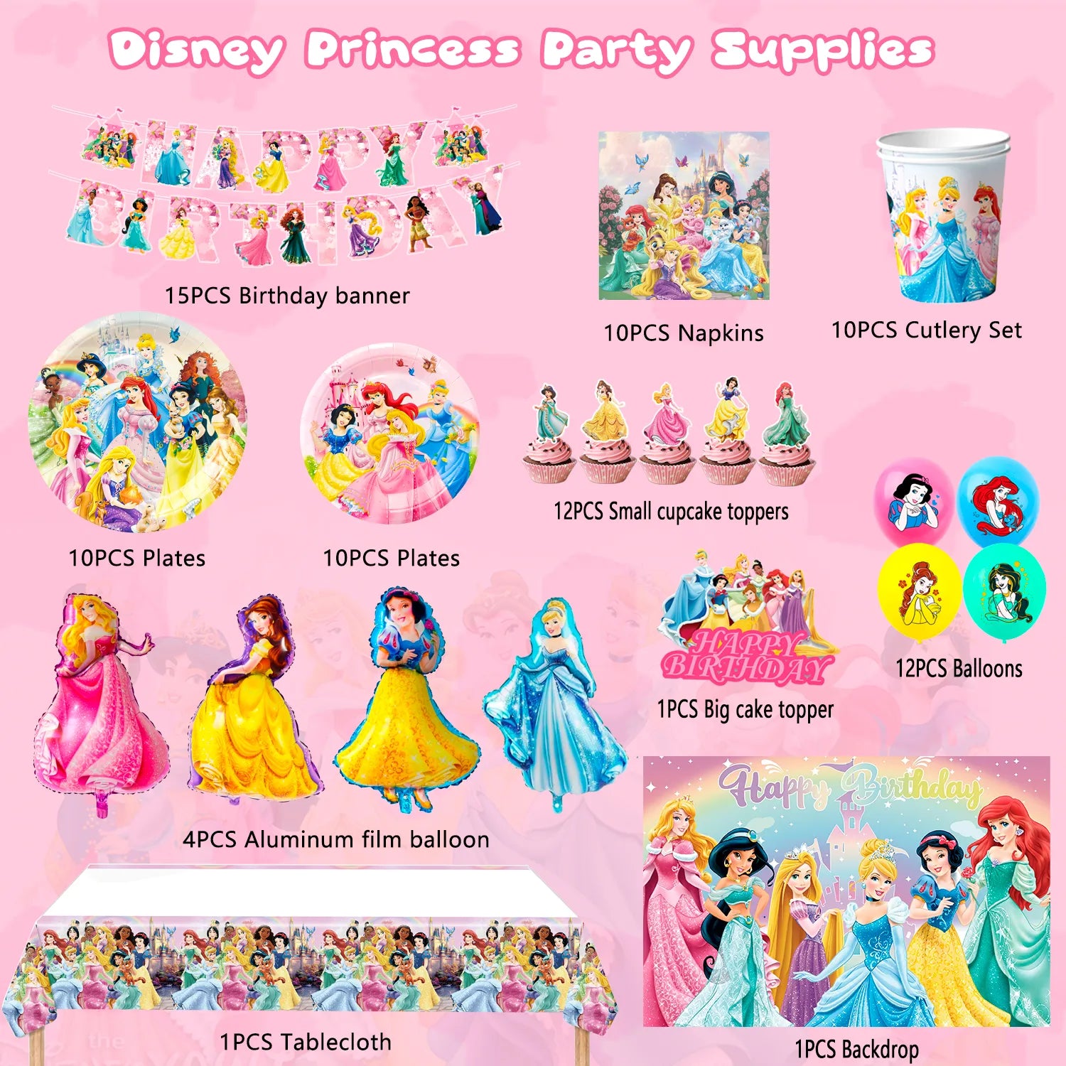 Princess Birthday Party Decorations, 10-Person Princess Party Tableware & Decorations Set Including Princess Birthday Plates Napkins Tablecloth & Princess Cake Topper Banner etc, for Girls Kids