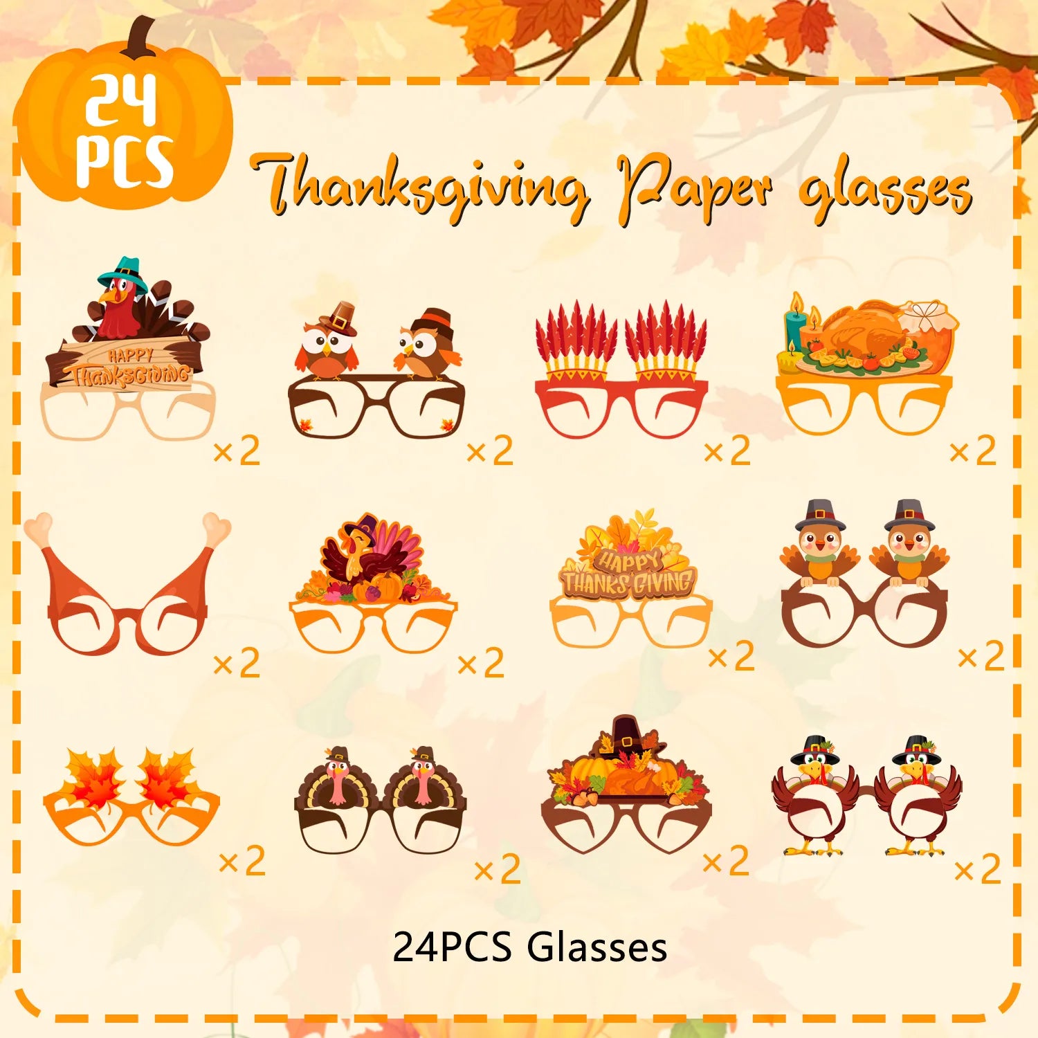Thanksgiving Glasses Funny, 24 Pcs Thanksgiving Paper Glasses Set - Thanksgiving Party Glasses, Thanksgiving Party Favors Glasses & Thanksgiving Turkey Glasses for Thanksgiving Party Accessories