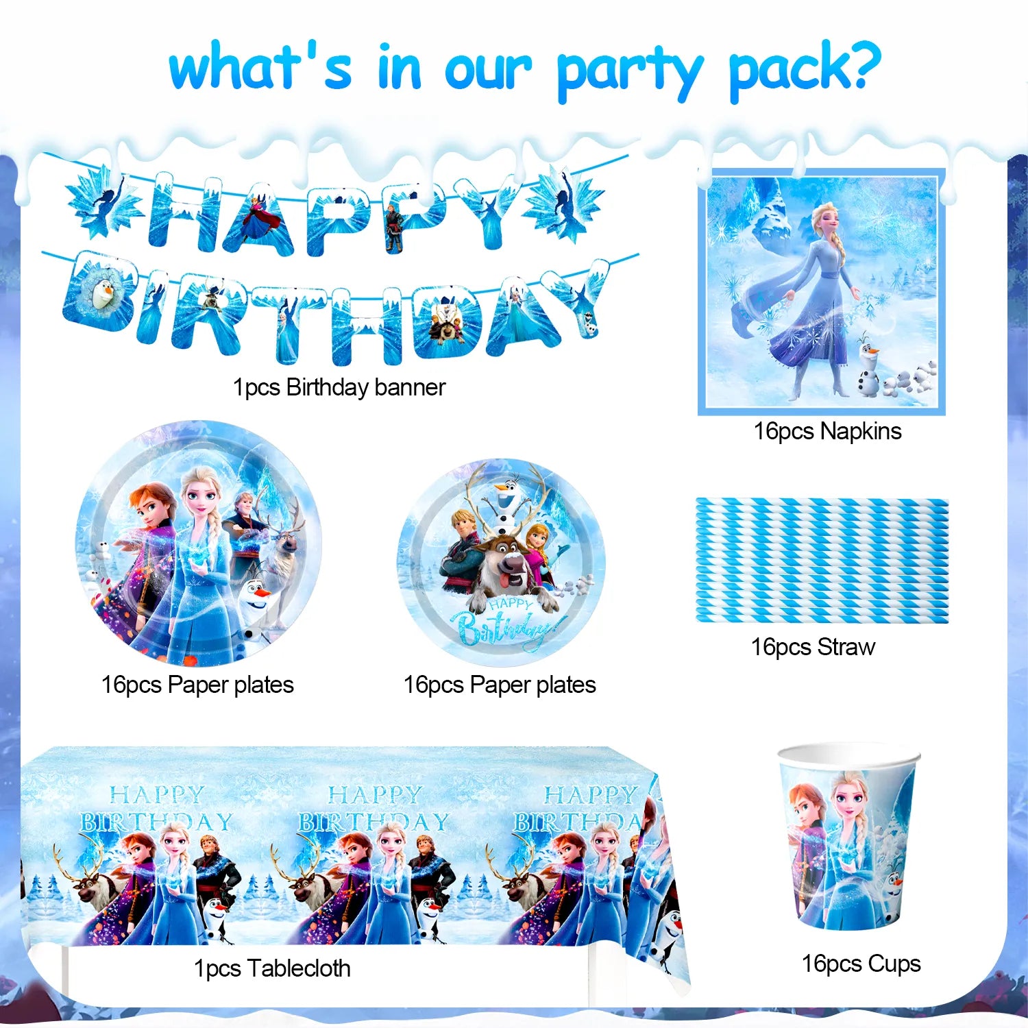 Frozen Birthday Party Supplies-82pcs Frozen Party Tableware set Frozen Birthday Party Plates and Cup and Napkins Tablecloth Banner etc Elsa Birthday Party Supplies, Serves 16 Guest