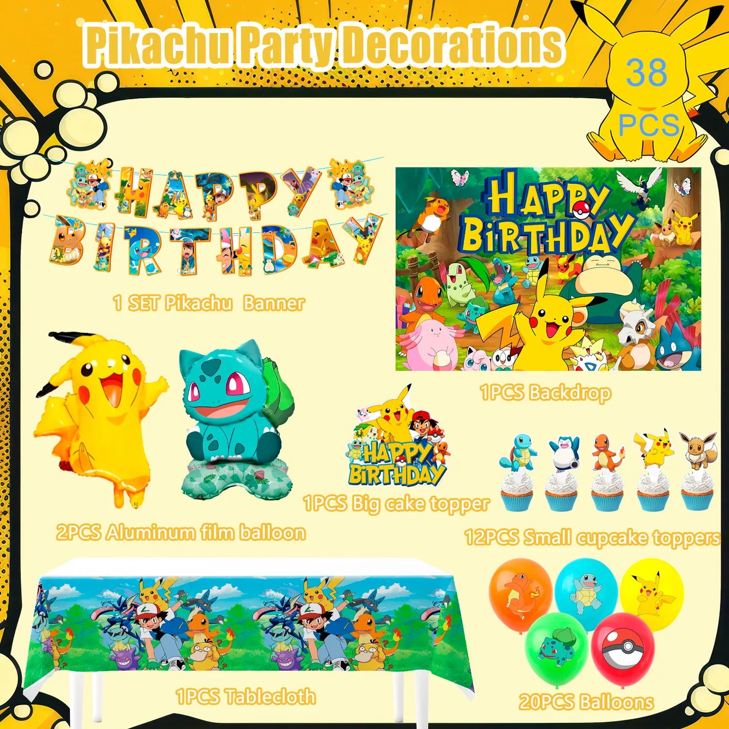 Pokemon Party Supplies Set,38 Pcs Pokemon Themed Birthday Decorations - Pokemon Balloons Banners Cake Topper and Pokemon Birthday Balloons for Kids Pokemon Themed Birthday Party