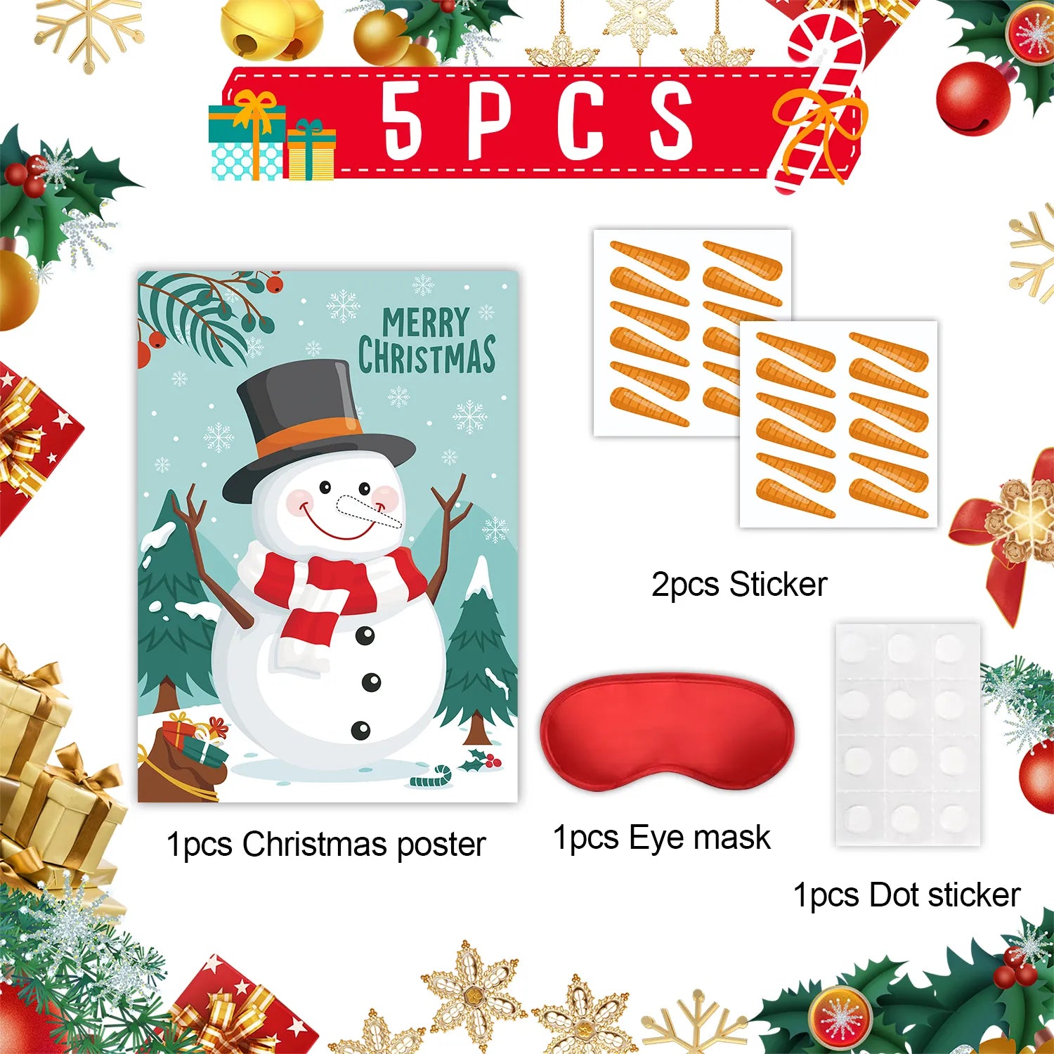 Christmas Pin The Nose Game, 5 Pcs Pin The Nose on The Snowman Game Supplies - Christmas Pin The Poster, Christmas Party Blindfold and Carrot Nose Christmas Stickers for Kids Christmas Party Games