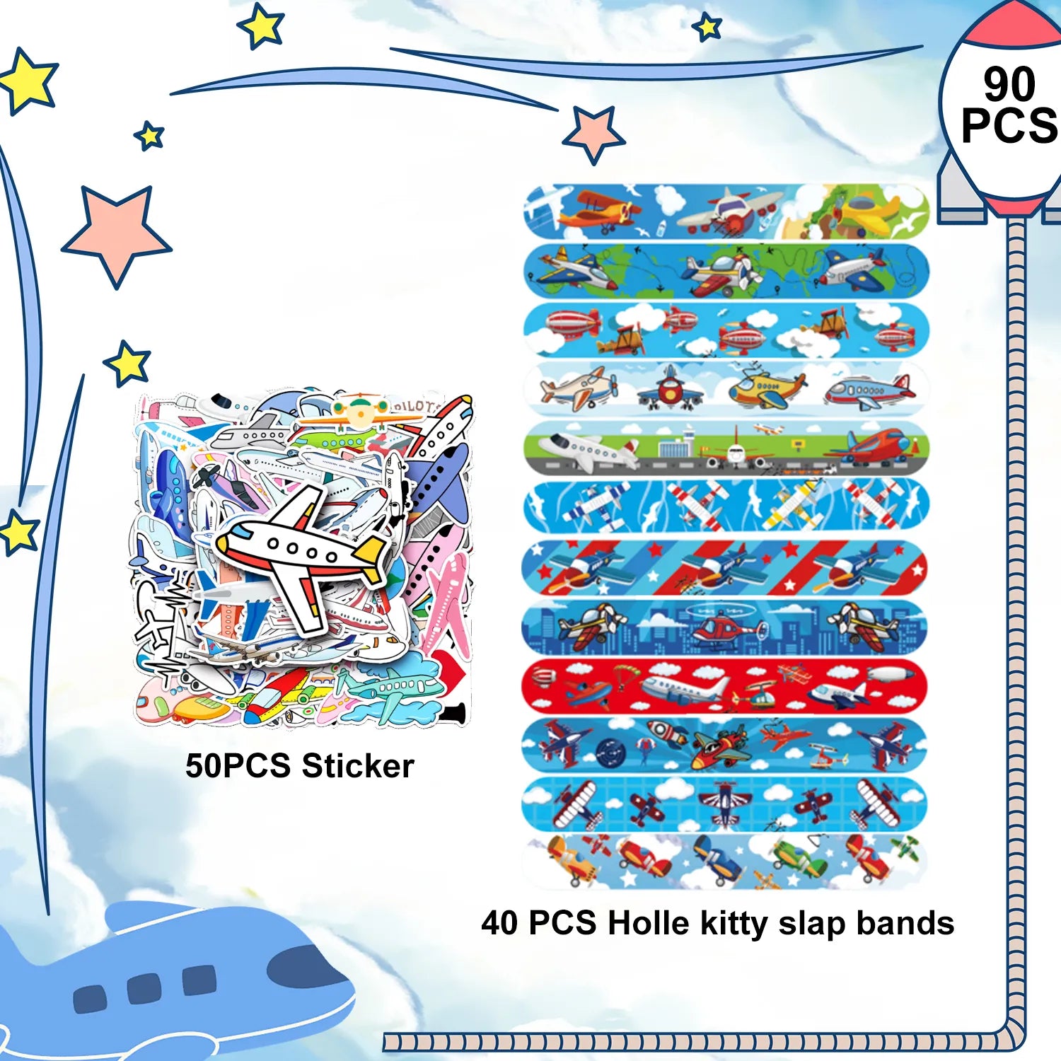 Airplane Party Favors Set - 40pcs Airplane Slap Bracelets + 50pcs Airplane Birthday Stickers for Airplane Party Decorations, Airplane Birthday Party Favors for Kids