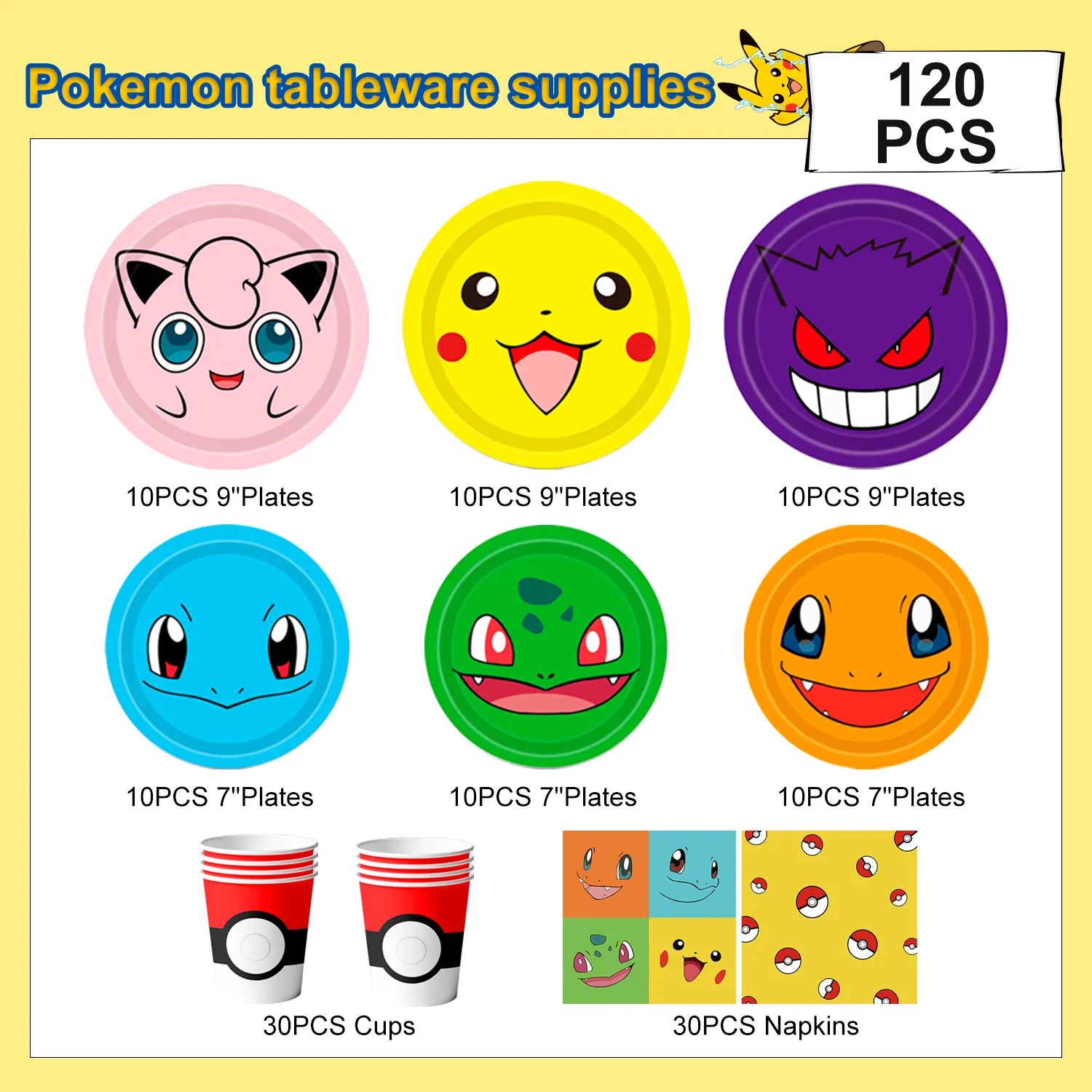 Pokemon Birthday Party Tableware Set, 120 Pcs Pokemon Plates & Napkins Party Supplies - 60 7"&9" Pokemon Party Plates, 30 Pokemon Napkins and 30 Pokemon Cups for Pokemon Birthday Party Decorations