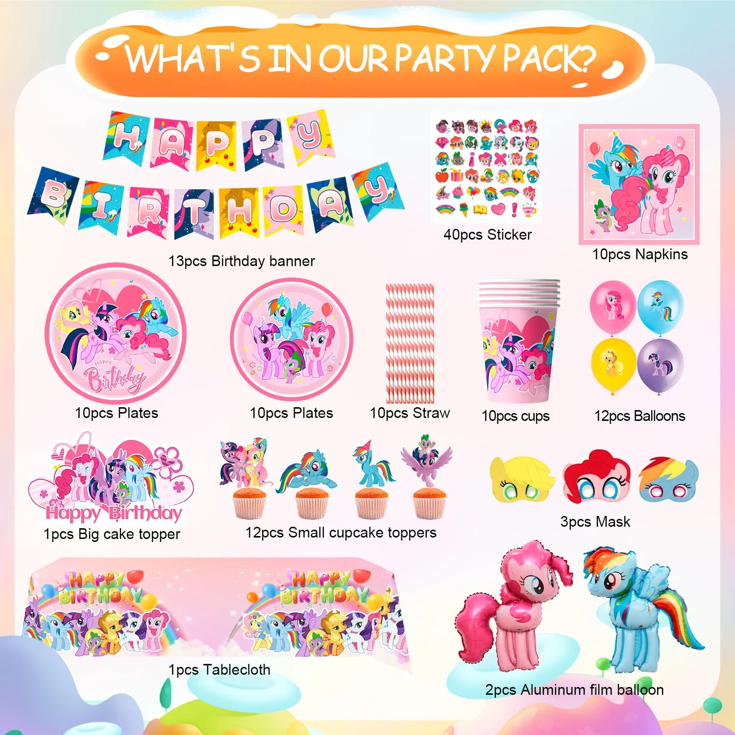My Little Pony Birthday Party Supplies,134pcs My Little Pony Party Tableware and Decorations Set - My Little Pony Balloons Stickers Masks Cake Toppers Banner Tablecloth Plates Cups Napkins...
