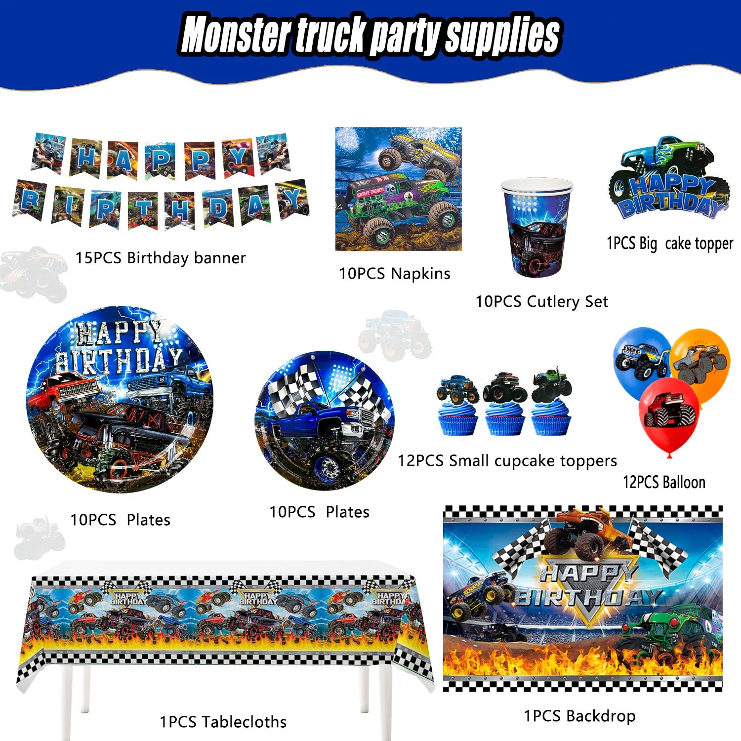Monster Truck Birthday Party Supplies, 82pcs Monster Truck Birthday Decorations & Tableware Kit - Monster Truck Plates and Napkins Banner Backdrop etc Monster Truck Decorations for Birthday Party