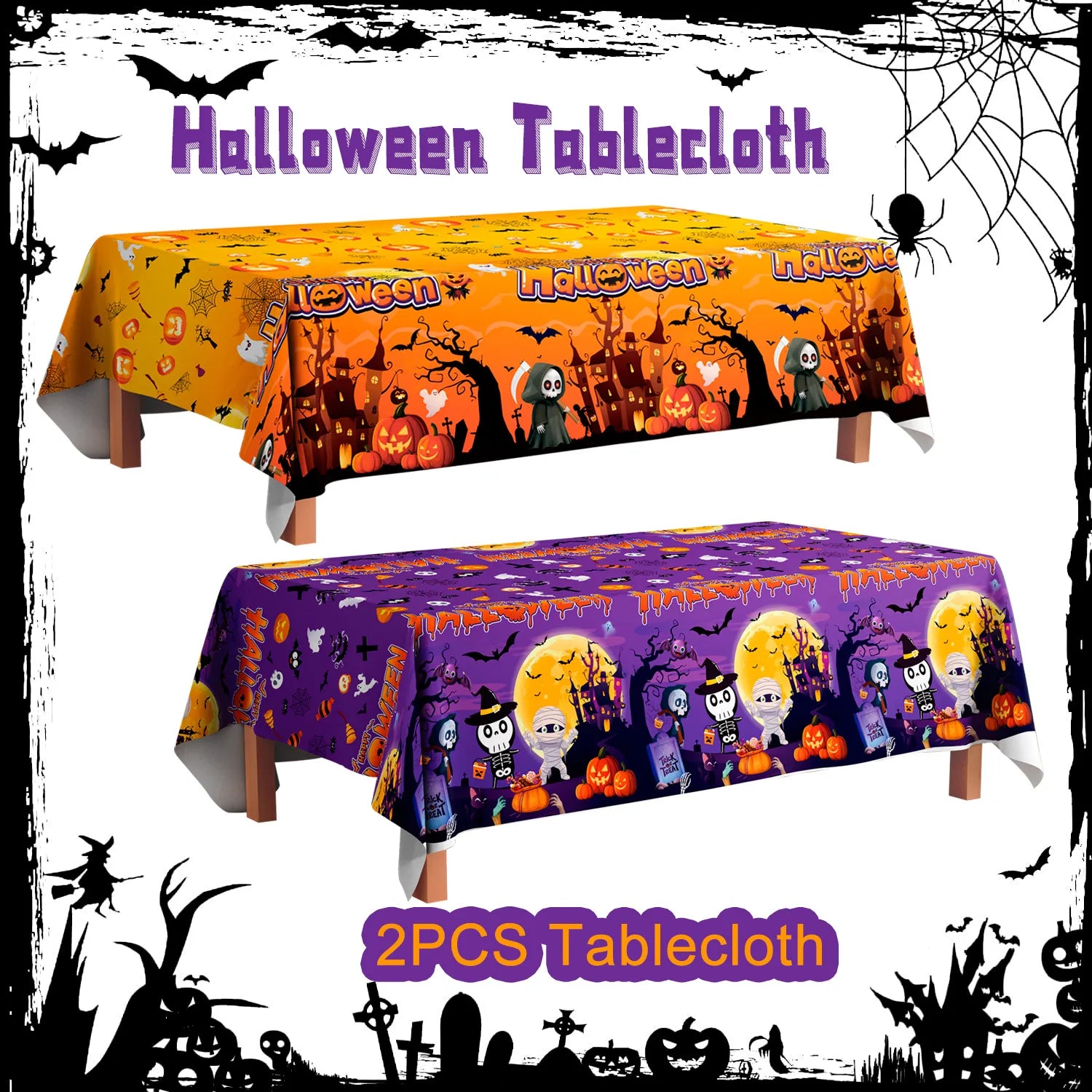 Halloween Tablecloth, 2 Pcs Halloween Decorations Tablecloth Kit - Halloween Table Cover, Halloween Party Tablecloth, for Halloween Party Decorations & Halloween Table Decorations