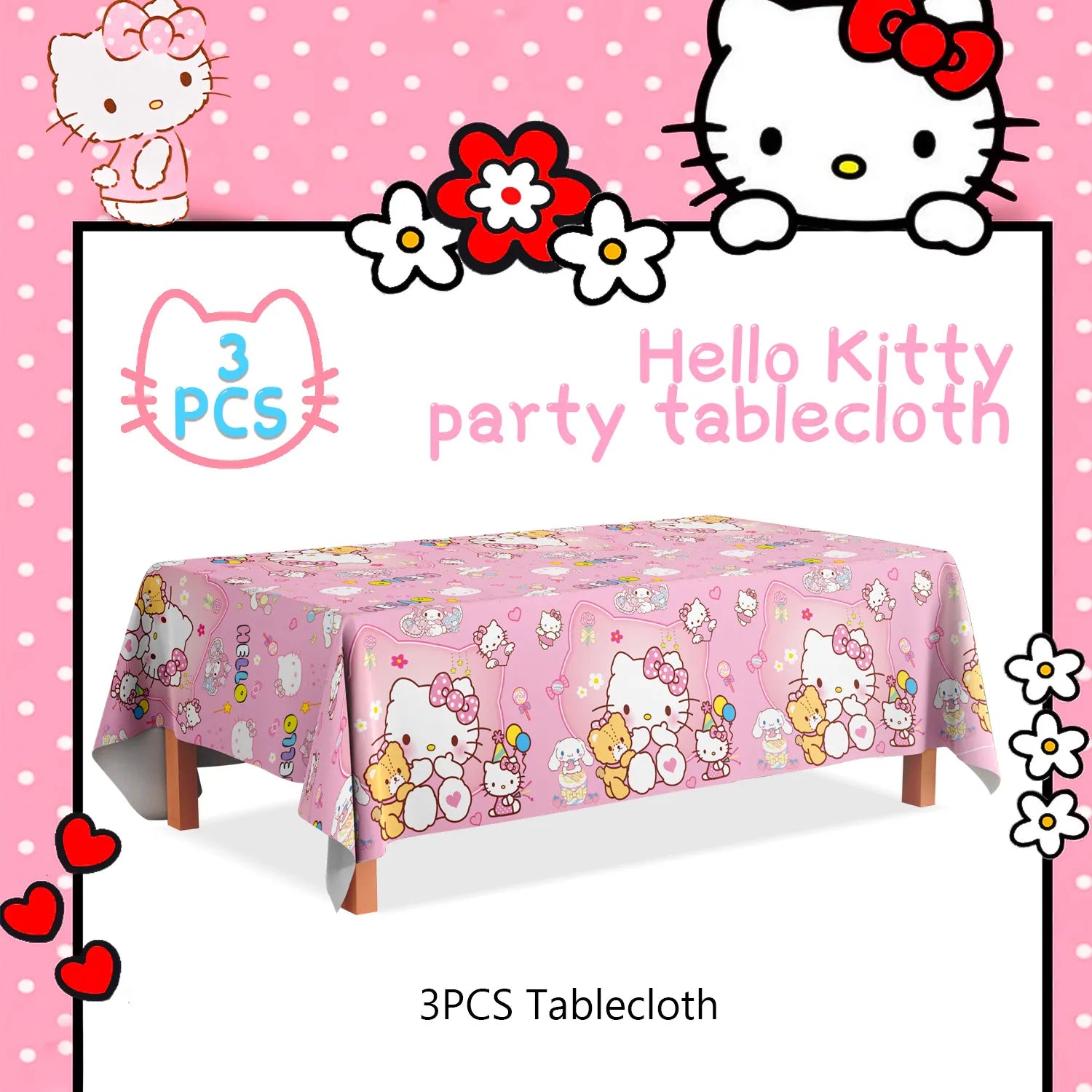 Hello Kitty Tablecloths, 3 Pieces Hello Kitty Tablecloths and Hello Kitty Party Tablecloths for Girls Kids Hello Kitty Themed Birthday Party Decoration Supplies