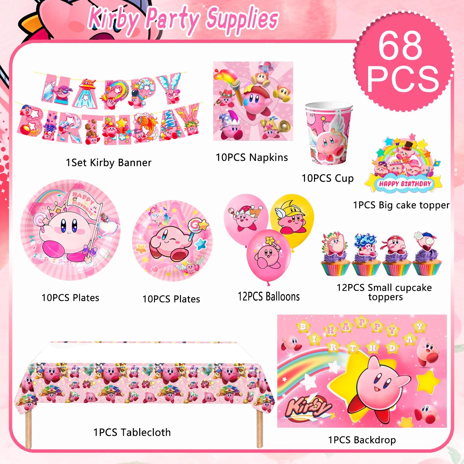 Kirby Party Supplies, 10-Person Kirby Birthday Party Decorations and Kirby Tableware Set - Kirby Plates and Napkins Cups Table Cloth Backdrop Kirby balloons etc Kirby Theme Birthday Supplies