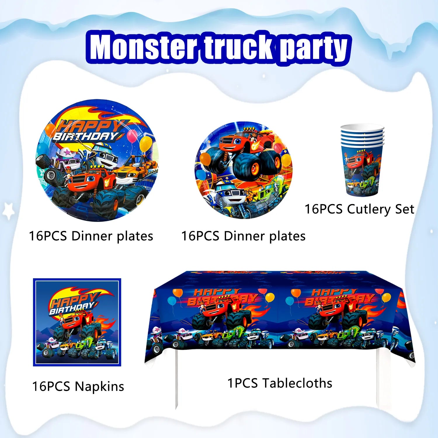Monster Truck Birthday Party Supplies,65pcs Monster Truck Tableware Set - Monster Trucks Birthday Plates Napkins Paper Cups & Monster Truck Tablecloth etc Monster Truck Party Supplies for Boys Kids