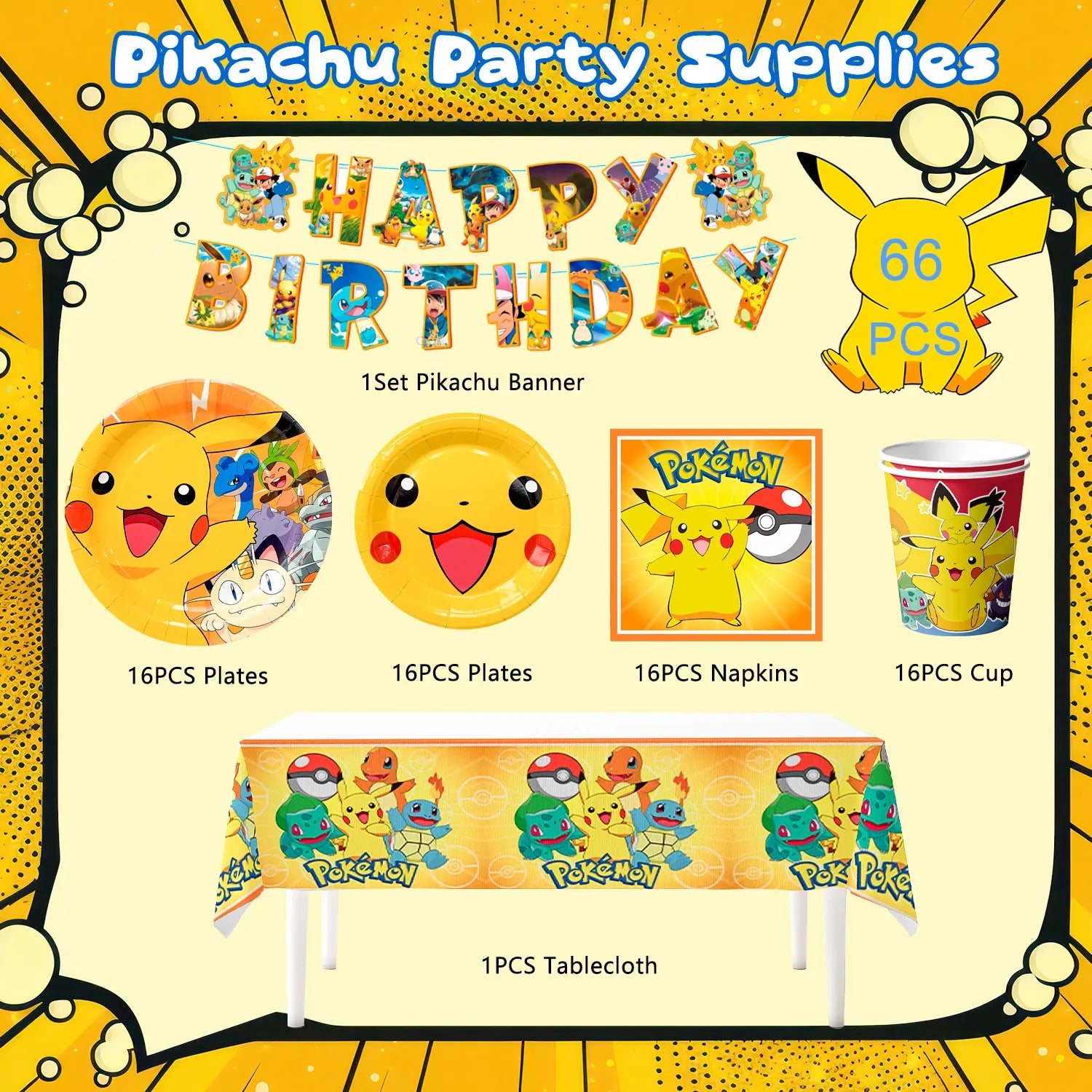 Pokemon Theme Birthday Party Decoration Tableware Set, 66Pcs Pokemon Party Supplies Tableware - Pokemon Table Cloth Banner Plates Napkins Cups for Pokemon Birthday Party Decorations