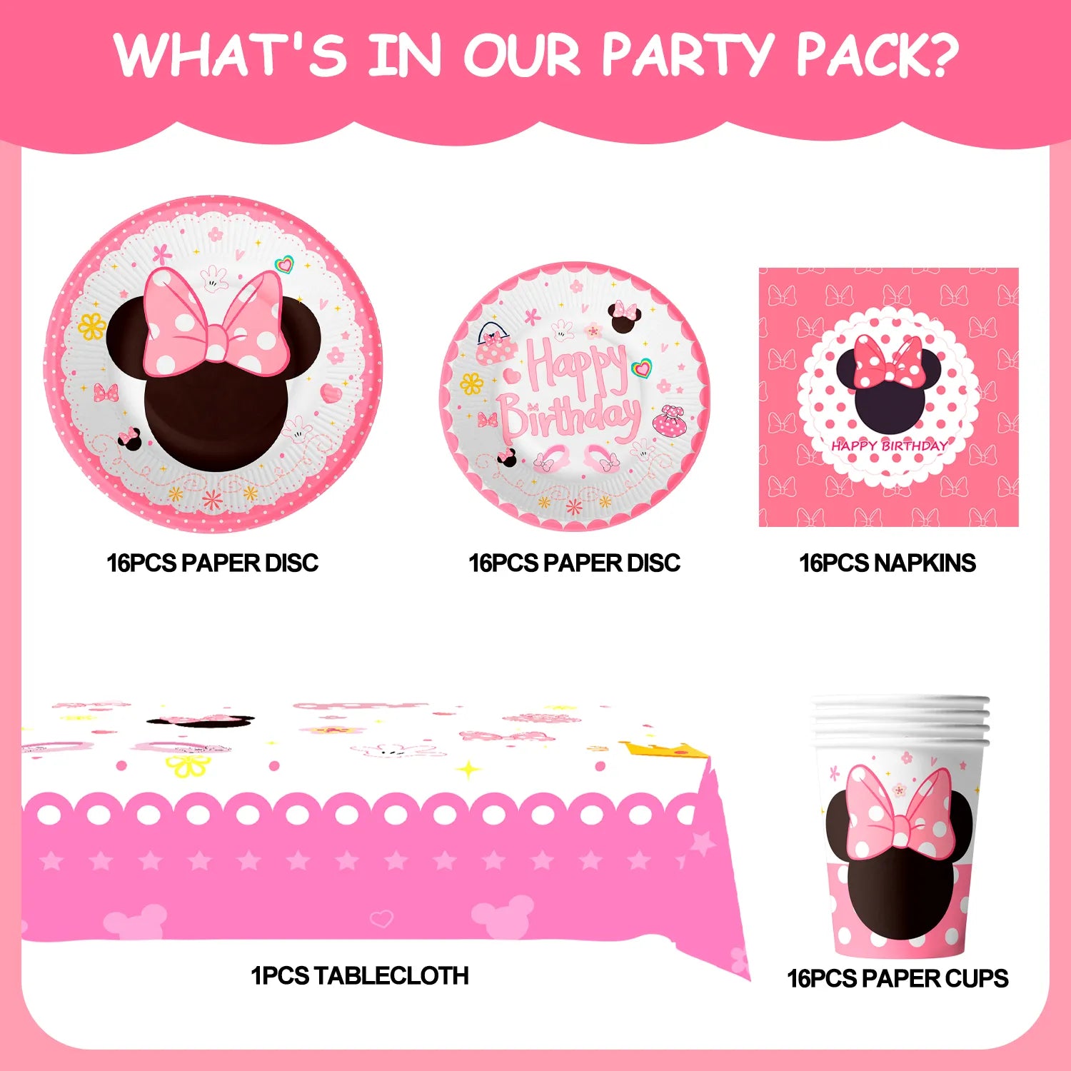Minnie Mouse Party Supplies,16-Person Minnie Mouse Tableware Set - Min-niee Mou-ses Plates and Napkins Cups and Minnie Mouse Table cloth etc Minnie Mouse Birthday Party Supplies for Girls