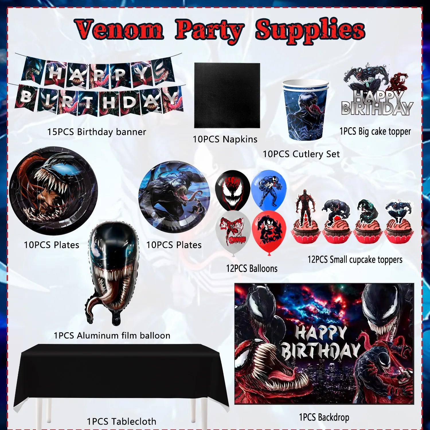 Venom Birthday Party Decoration Supplies, 83 Pcs Venom Party Supplies including Venom Cake Decorations Balloons Banners Plates Napkins Cups and Other Venom Party Decorations for Girls and Boys