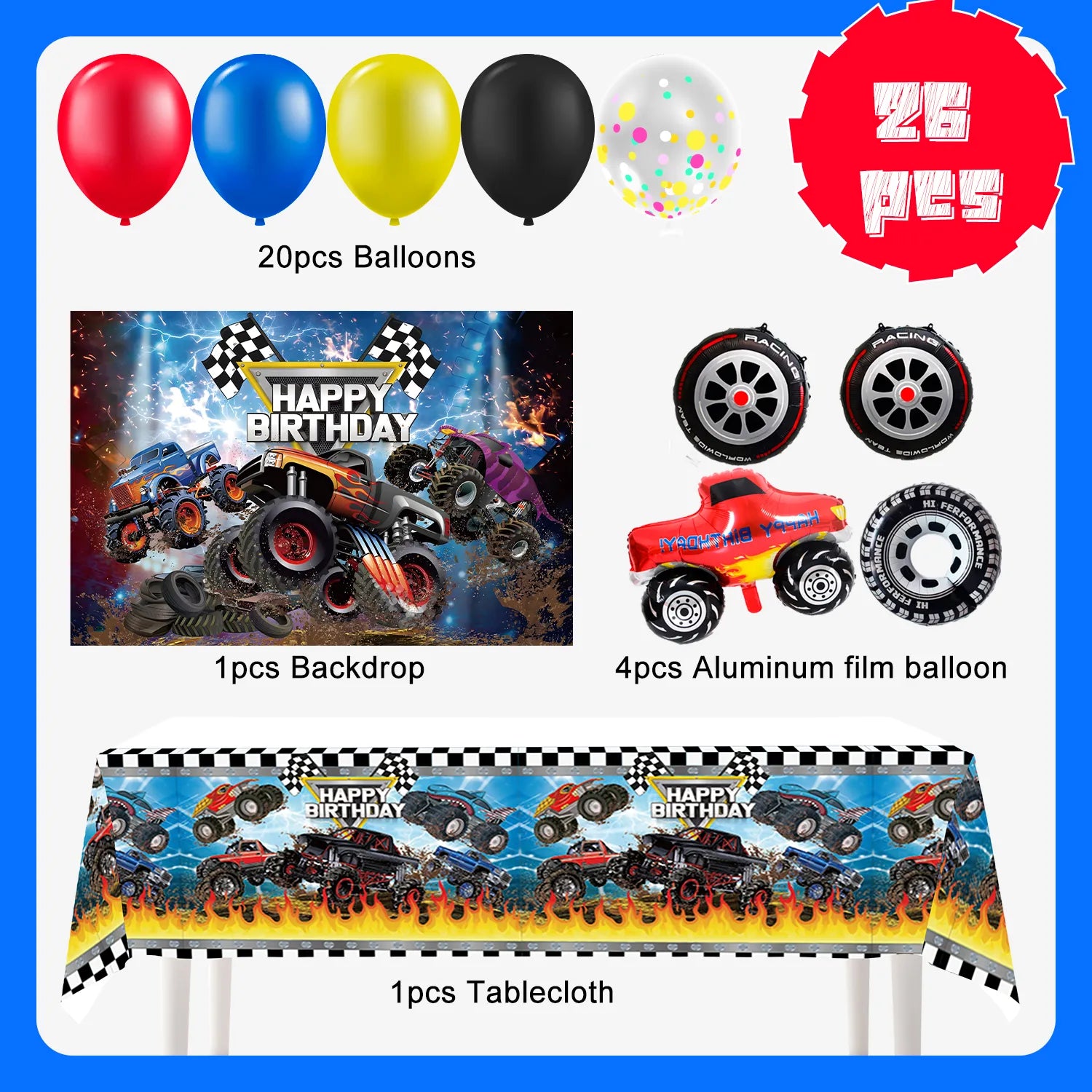 Big Tire Truck Party Supplies, 26 Pcs Truck Birthday Decorations - Monster Truck Party Balloons and Truck Birthday Backdrop Tablecloth for Big Tire Truck Birthday Party Decorations
