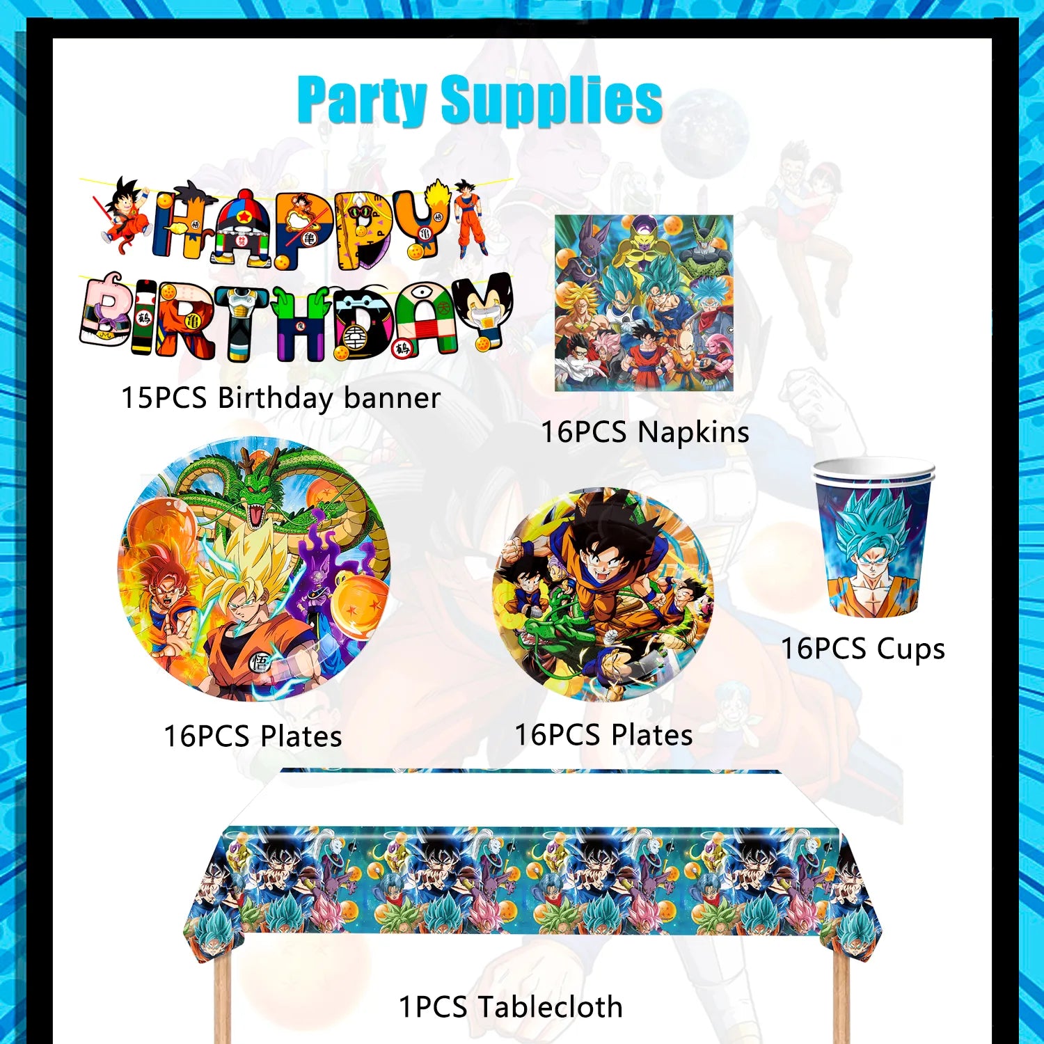 Dragon Ball Z Birthday Party Decoration Tableware Set, 16-Person Dragon Ball Z Party Supplies Tableware Include Dragon Ball Z Table Cloth Banner Plates Napkins Cups, for Goku Birthday Party Decorations