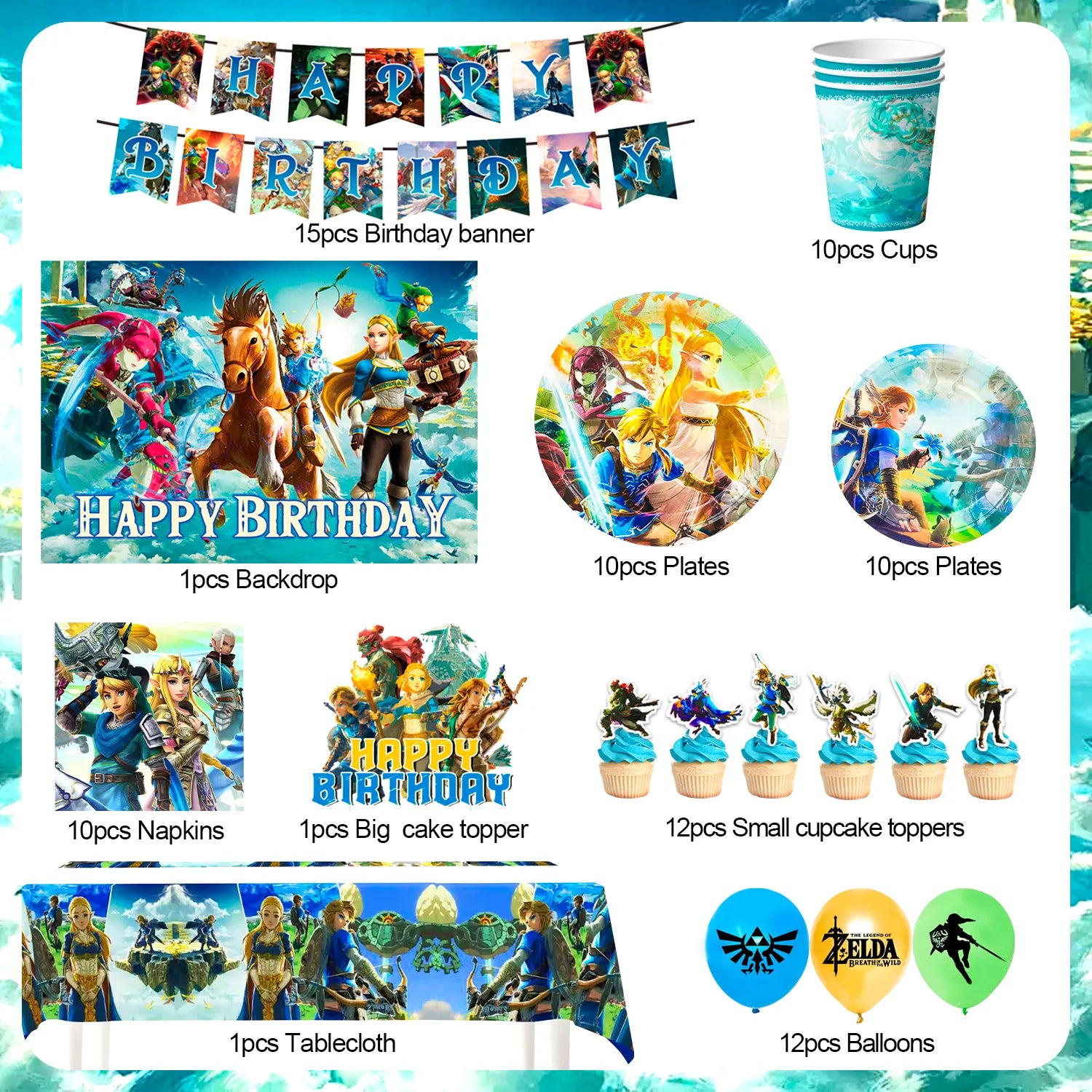 Zelda Birthday Party Supplies,82pcs Zelda Party Decorations & Tableware Set- Zelda Birthday Decorations Balloons Banner Backdrop & Zelda Plates Cups Table Cover etc  Legend Of Zelda Party Supplies