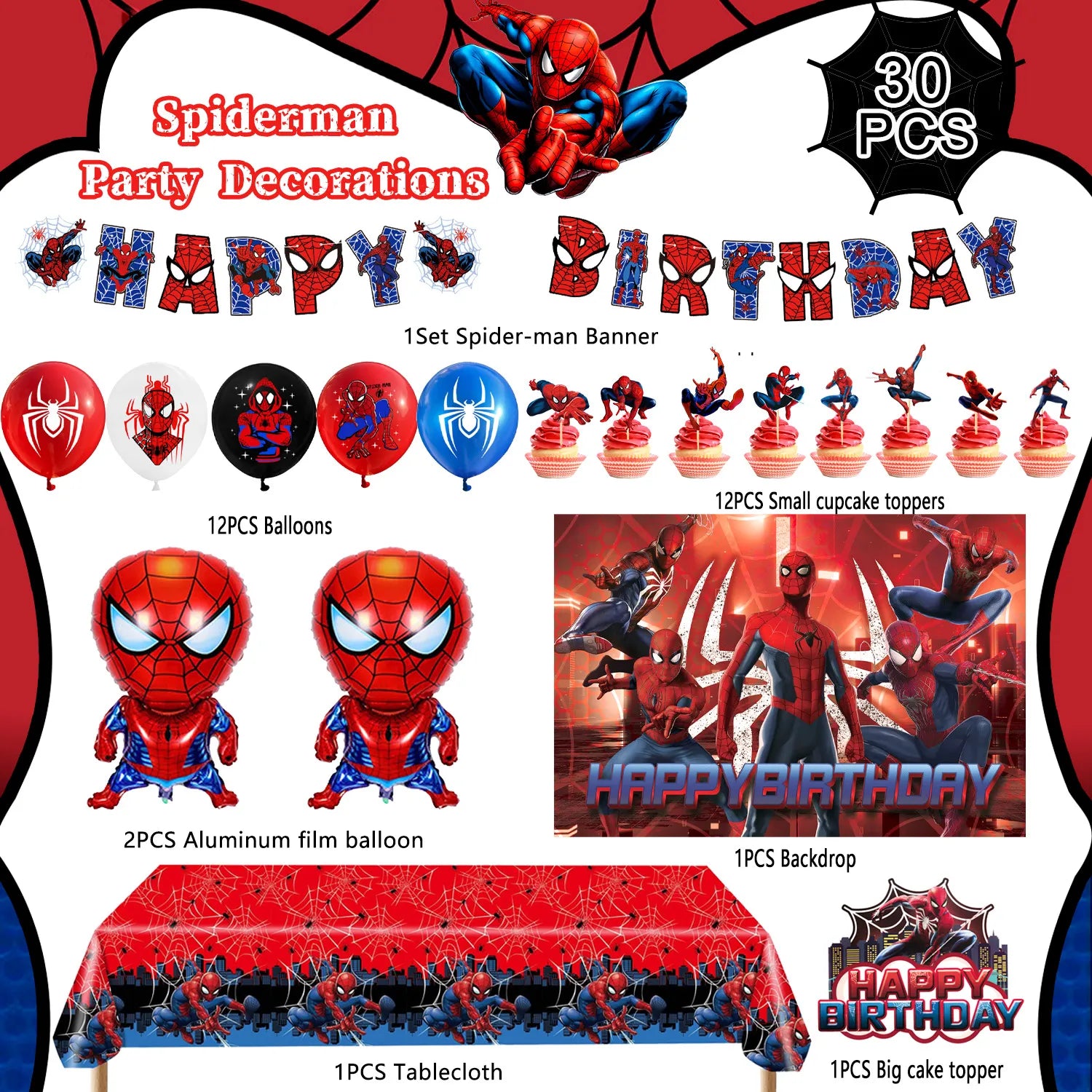 Spiderman Birthday Party Supplies Kit - 30 Pcs Spiderman Party Set with Banner Backdrop Tablecloth & Spiderman Balloons Cake Topper etc Spiderman Themed Birthday Party Decorations for Kids