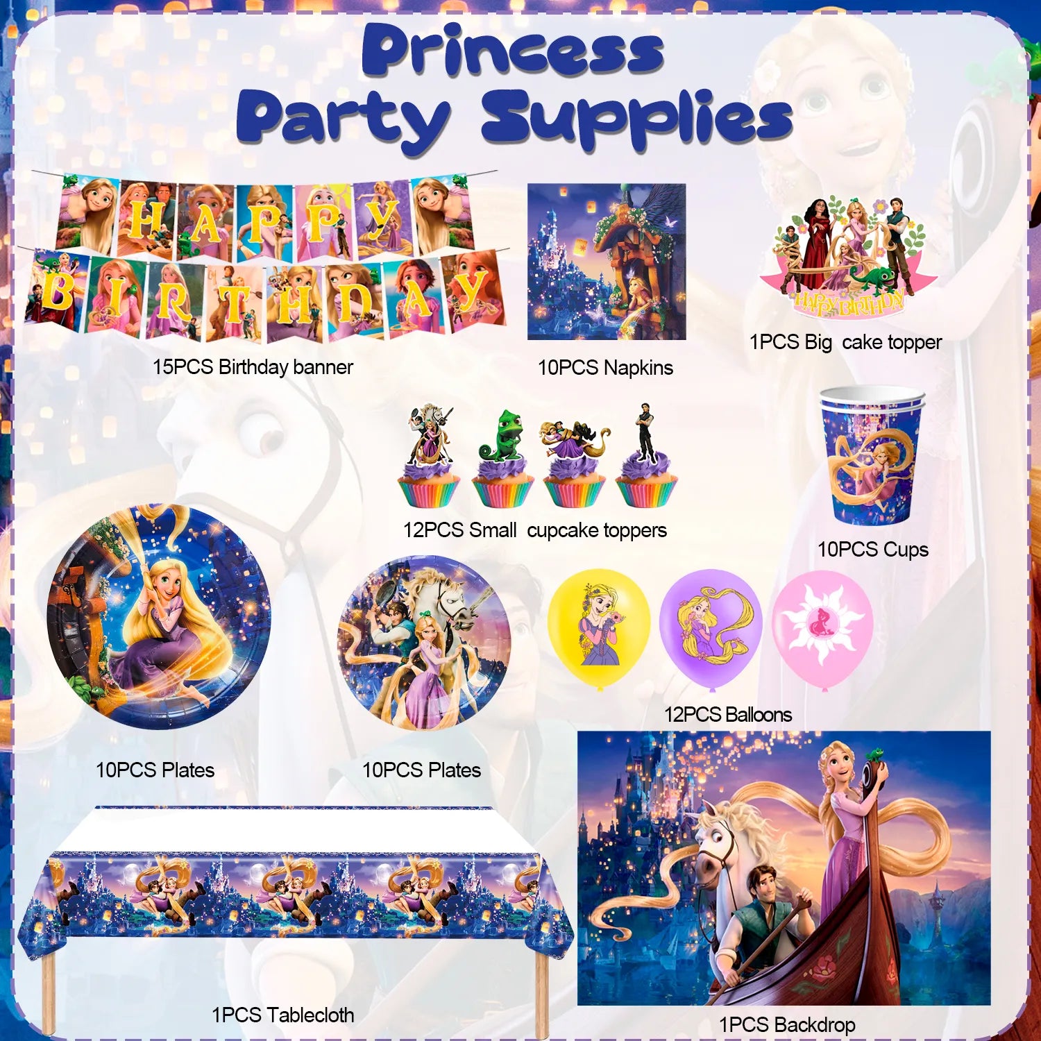 Rapunzel Birthday Decorations,82pcs Rapunzel Party Decorations & Rapunzel Tableware set- Rapunzel Birthday Plates Napkins & Rapunzel Balloons Banner Cake Topper etc Rapunzel Birthday Party Supplies