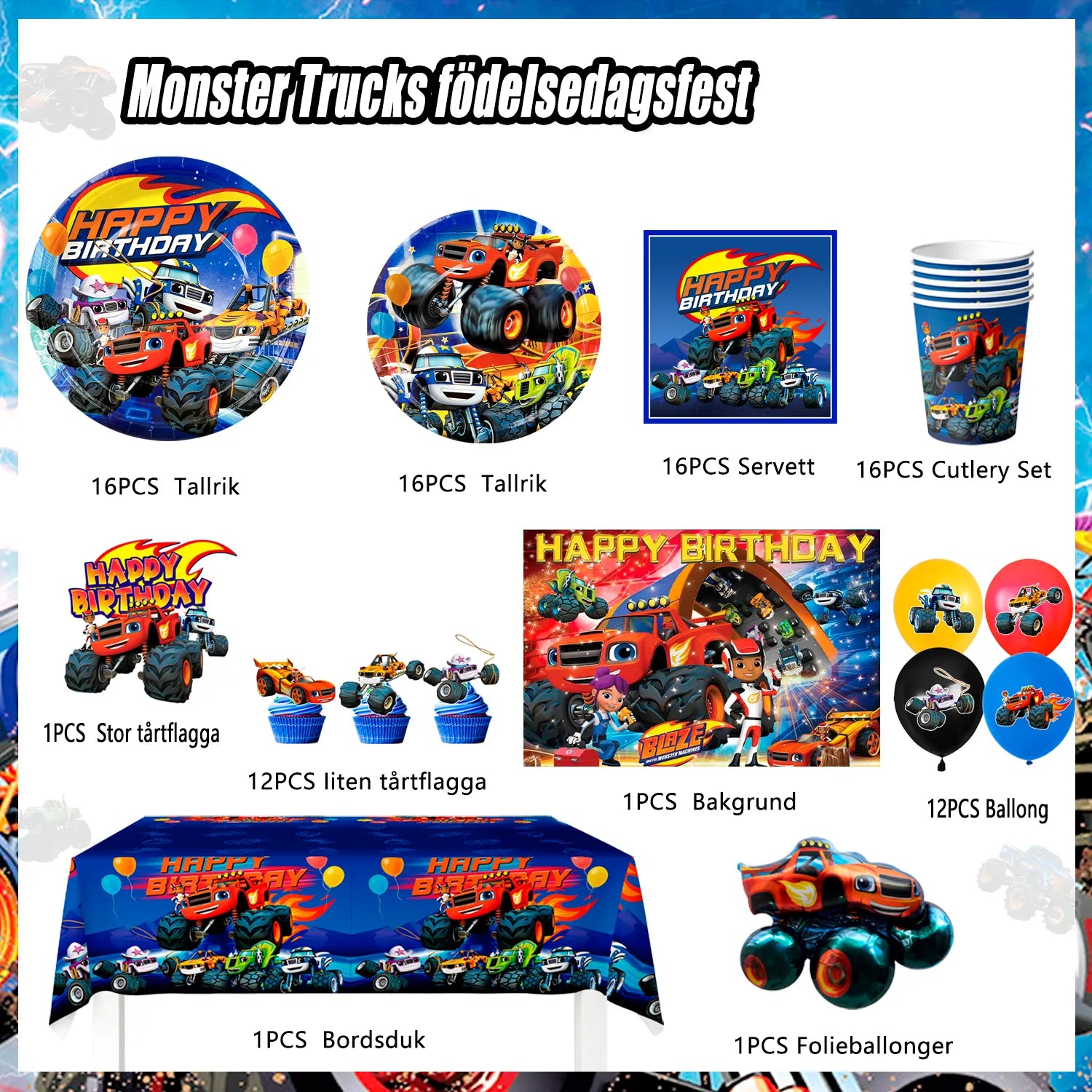 Monster Truck Party Supplies, 16-Person Monster Truck Birthday Decorations&Tableware Set-Monster Truck Birthday Plates Cups Tablecloth& Monster Truck Balloon Backdrop etc Blaze Party Decorations for Kids