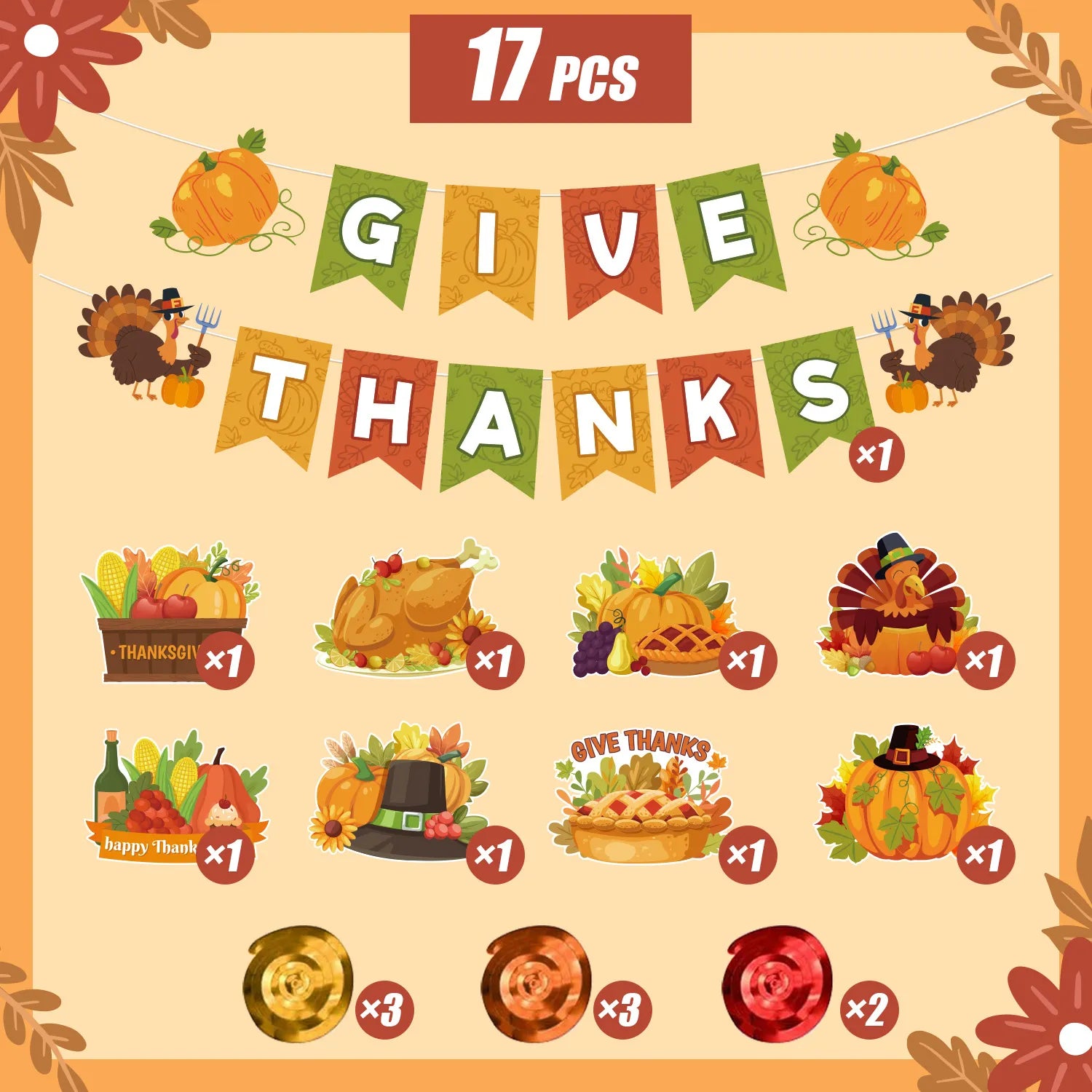 Thanksgiving Banner Hanging Swirls,17pcs Give Thanks Hanging Swirls&Banner Set-Happy Thanksgiving Hanging Swirls,Happy Thanksgiving Banner&Thanksgiving Foil Streamer,for Thanksgiving Party Decorations