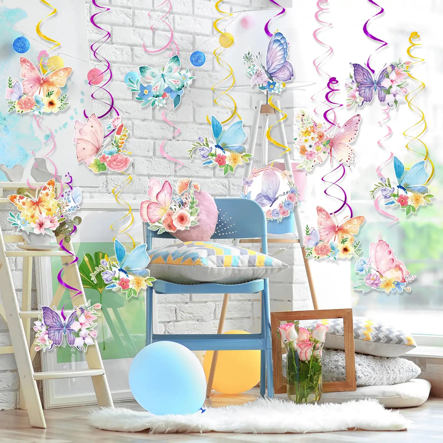 Butterfly Hanging Swirls - 57 Pcs Butterfly Themed Swirls, Butterfly Floral Hanging Swirl & Butterfly Hanging Ceiling Swirl for Butterfly Birthday Decorations & Butterfly Party Decorations