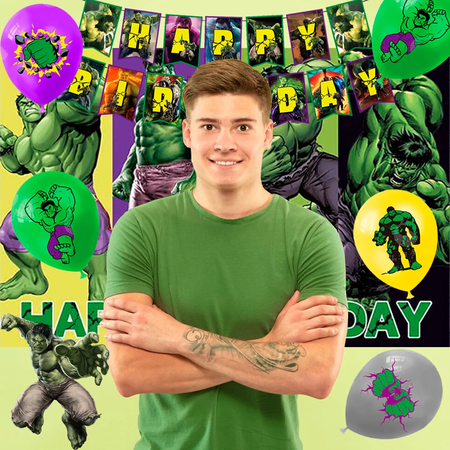 Hulk Birthday Party Supplies, 82pcs Hulk Party Decorations & Tableware Set Including Hulk Cake Topper Balloons Backdrop Plates Cups etc Hulk Themed Birthday Party Decorations Supplies for Boys/Girls